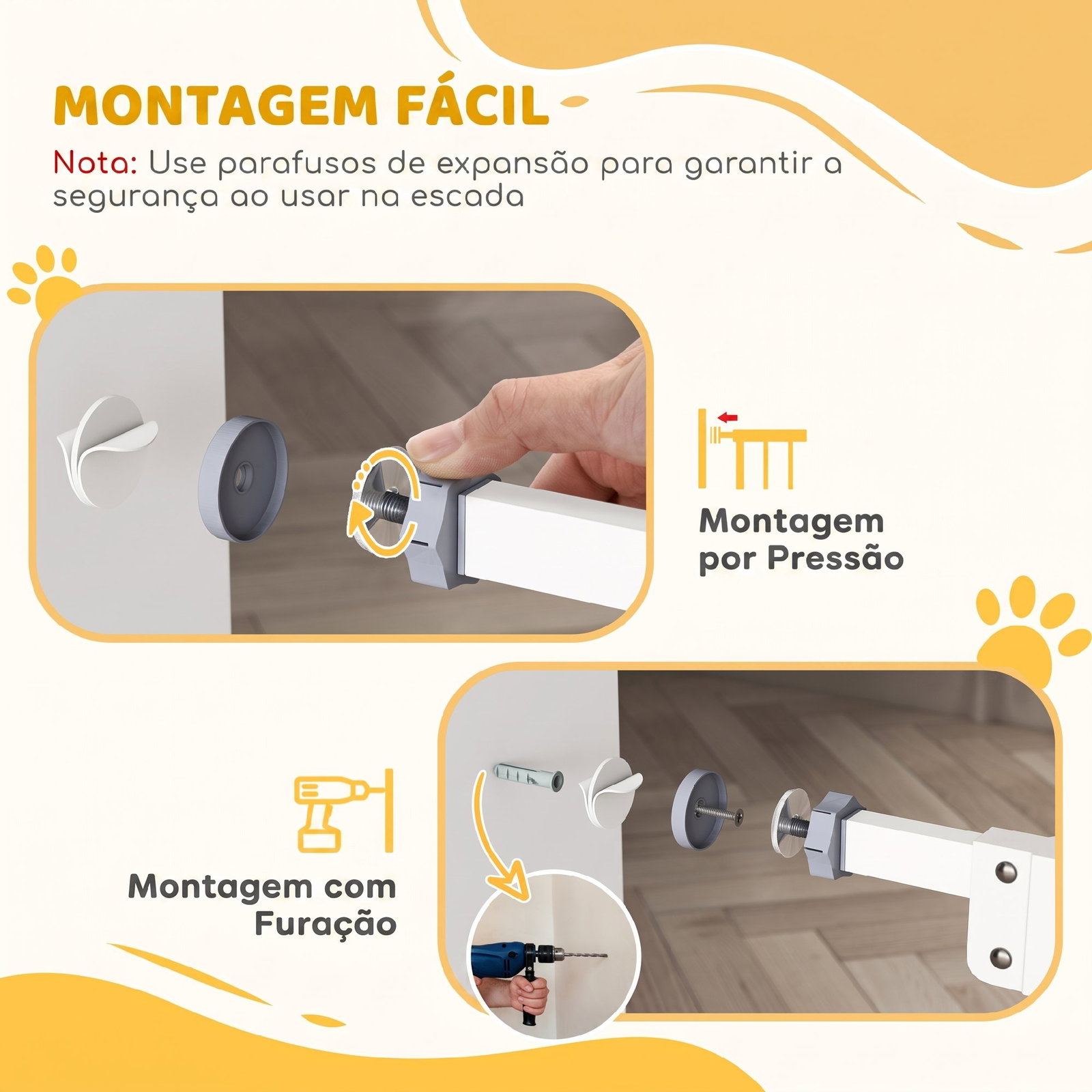 Barreira de segurança para cães 74-100 cm com extensões, montagem por pressão e duplo bloqueio, branco
