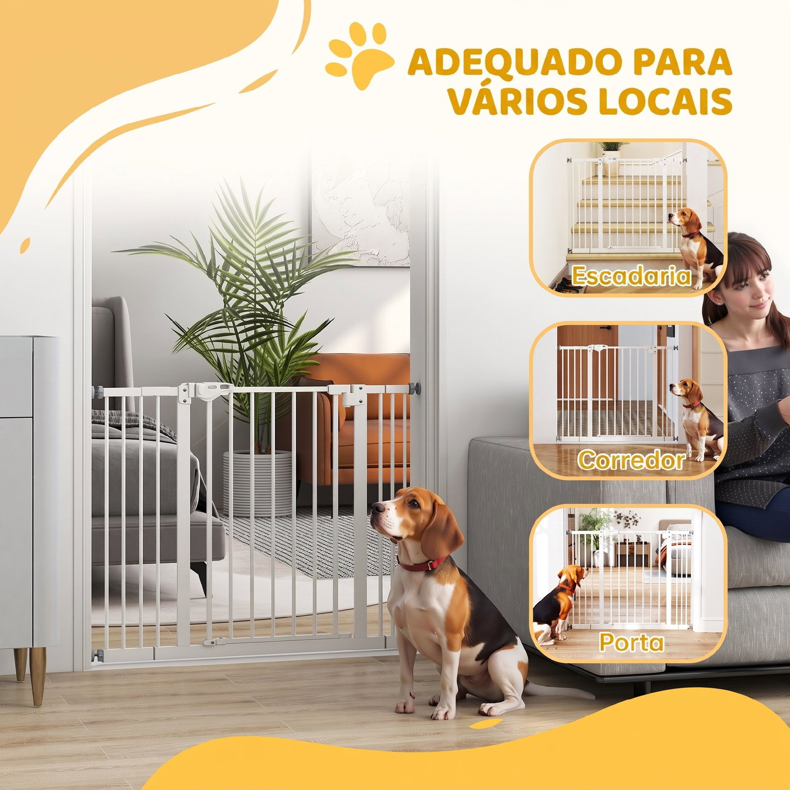 Barreira de segurança para cães 74-100 cm com extensões, montagem por pressão e duplo bloqueio, branco