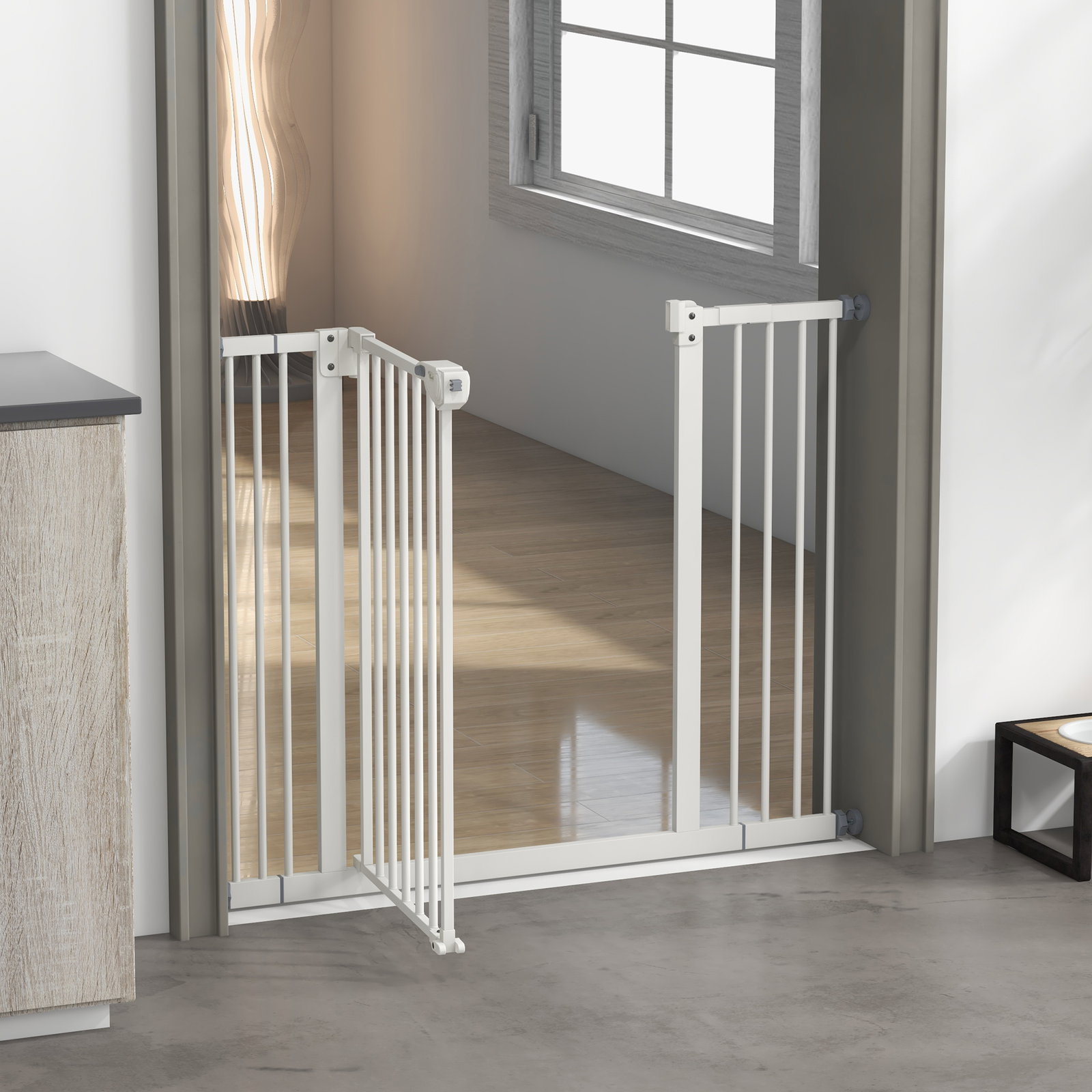 Barreira de segurança para cães 74-100 cm com extensões, montagem por pressão e duplo bloqueio, branco