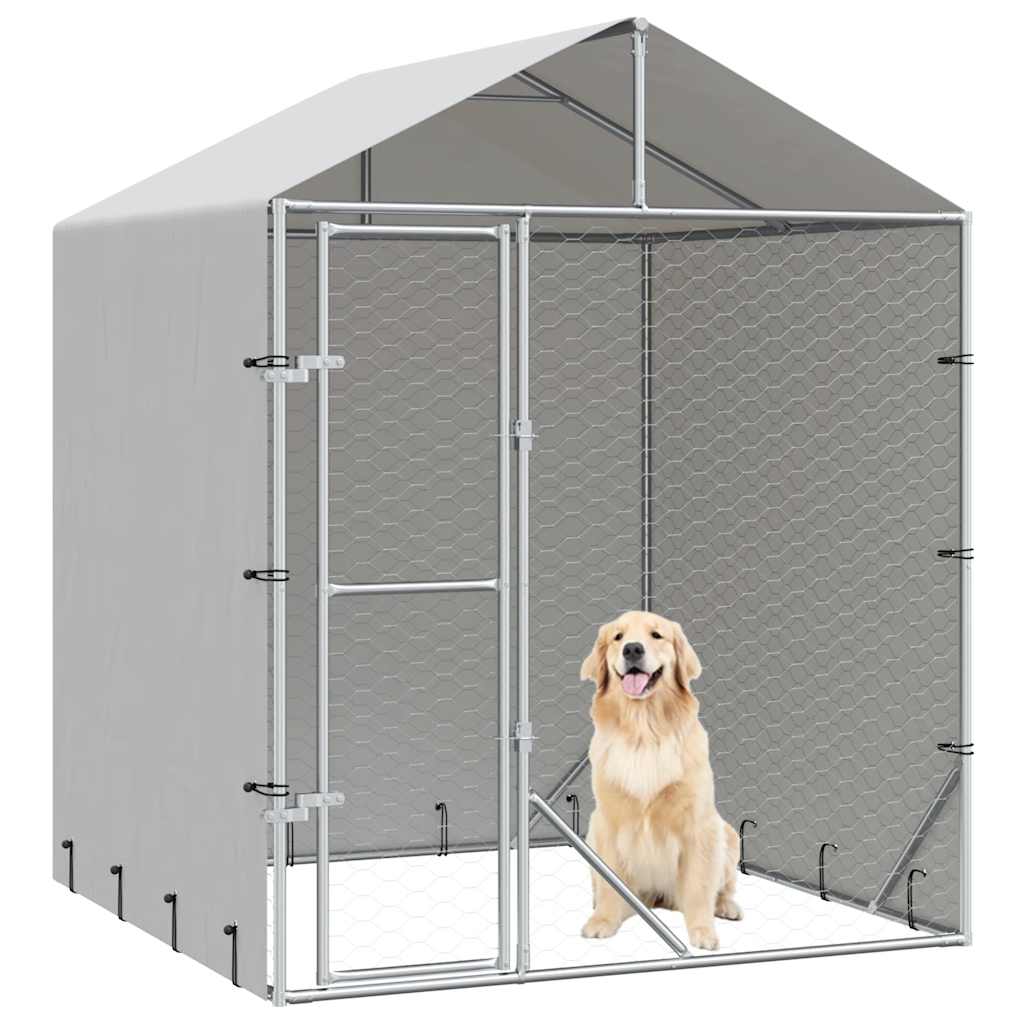 Canil de exterior com teto 2x2x2,5m aço galvanizado prateado