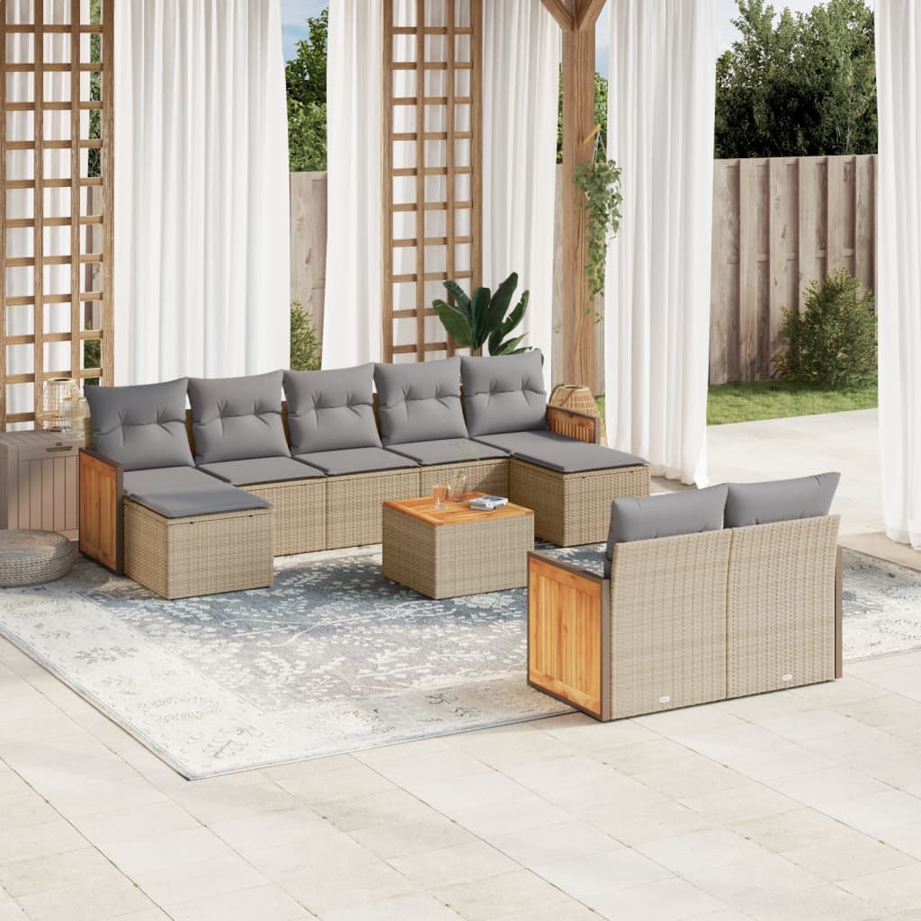 10 Pcs conjunto de sofás p/ jardim com almofadões vime PE bege