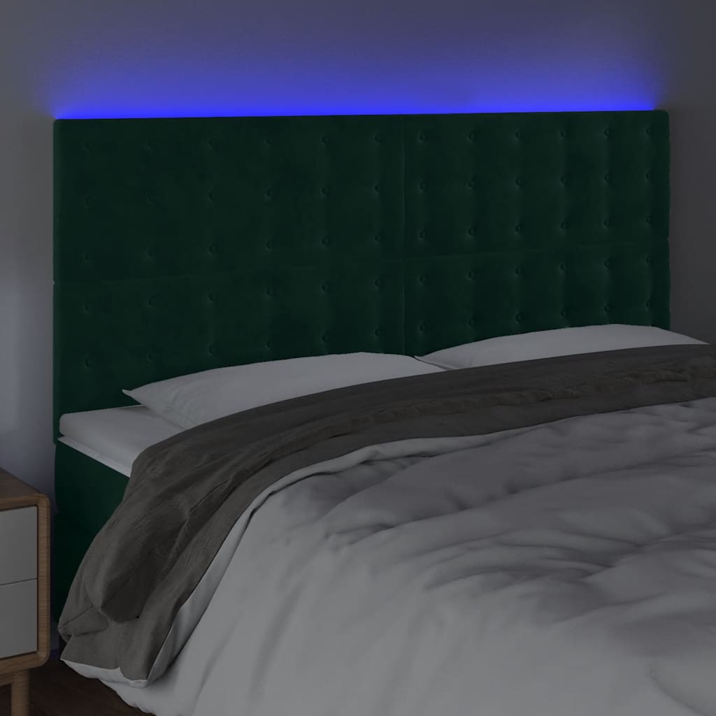 Cabeceira de cama c/ LED veludo 160x5x118/128 cm verde-escuro