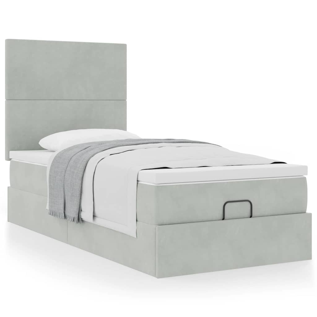 Estrutura de cama otomana com colchões cinza claro veludo