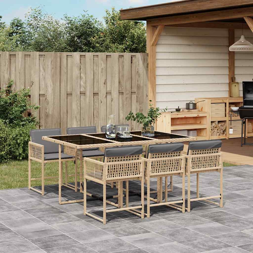 7 Pcs conj. jantar jardim c/ almofadões vime PE bege misturado