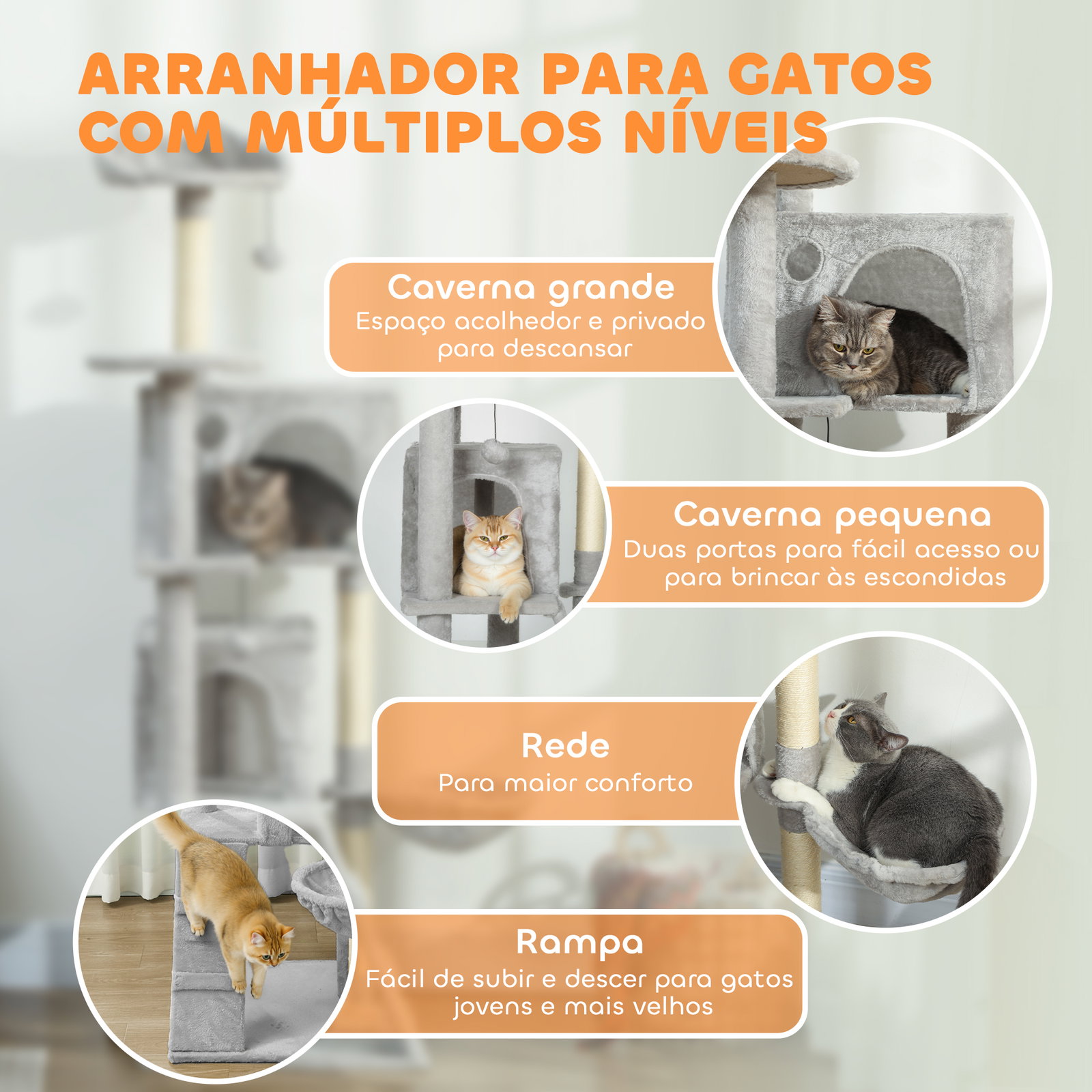 Arranhador para gatos com múltiplas plataformas cama 2 cavernas rede escada postes de sisal 48x48x160 cm cinzento claro