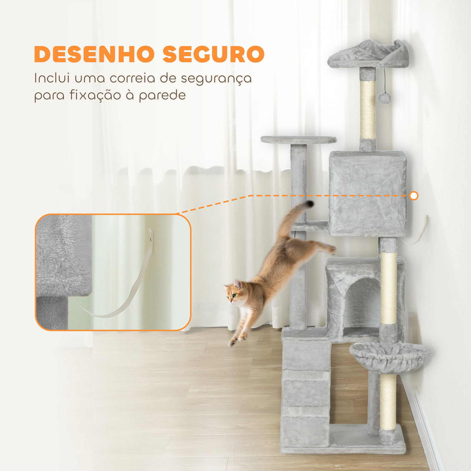 Arranhador para gatos com múltiplas plataformas cama 2 cavernas rede escada postes de sisal 48x48x160 cm cinzento claro