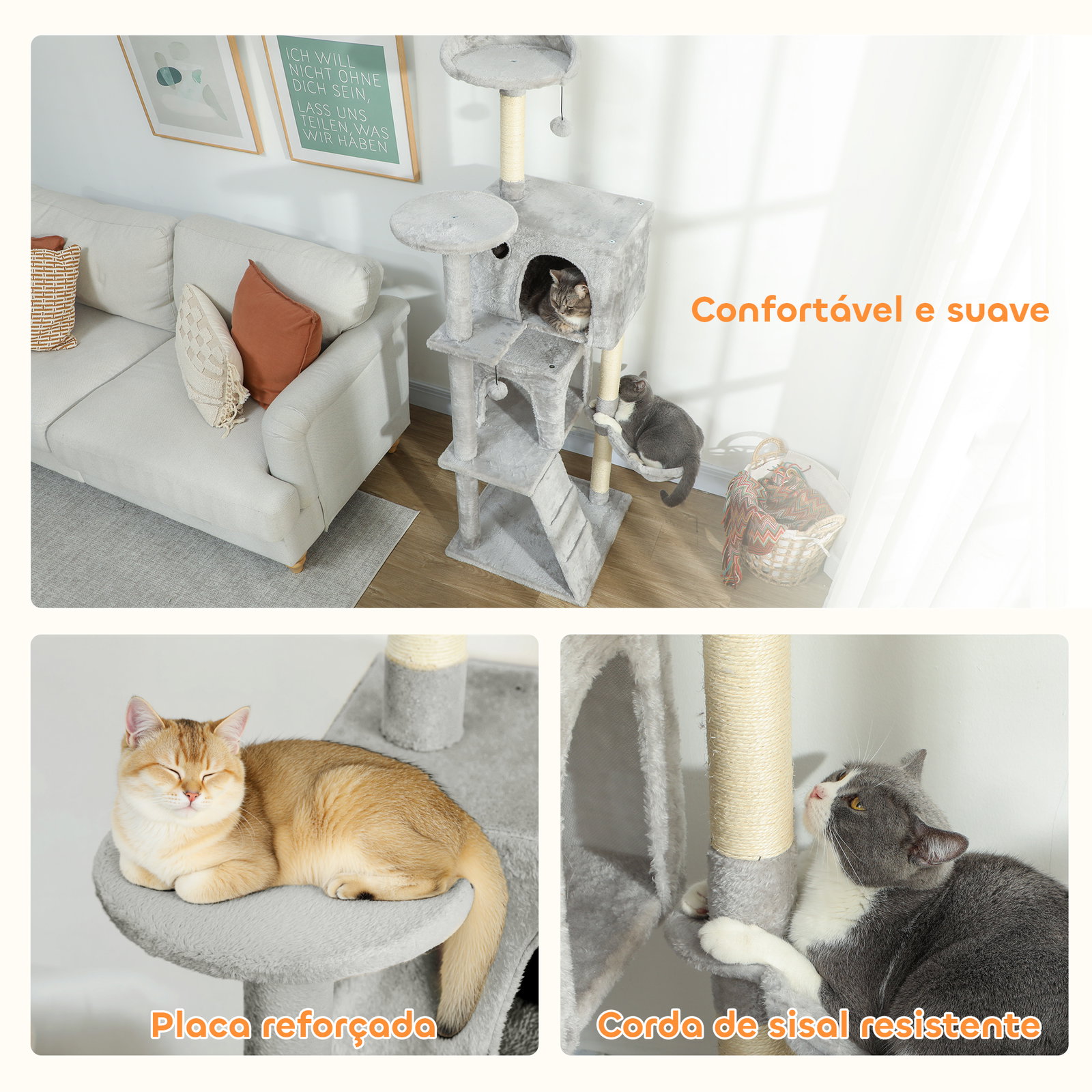 Arranhador para gatos com múltiplas plataformas cama 2 cavernas rede escada postes de sisal 48x48x160 cm cinzento claro