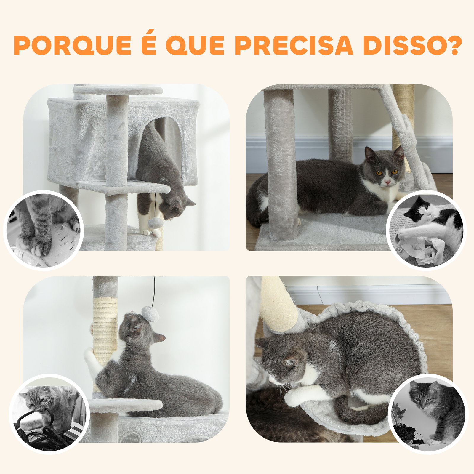 Arranhador para gatos com múltiplas plataformas cama 2 cavernas rede escada postes de sisal 48x48x160 cm cinzento claro