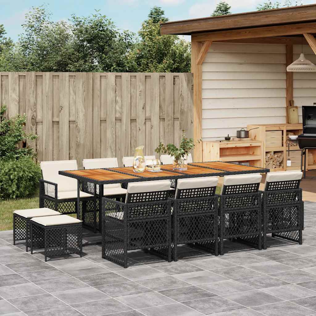 13 Pcs conjunto de jantar p/jardim com almofadões vime PE preto