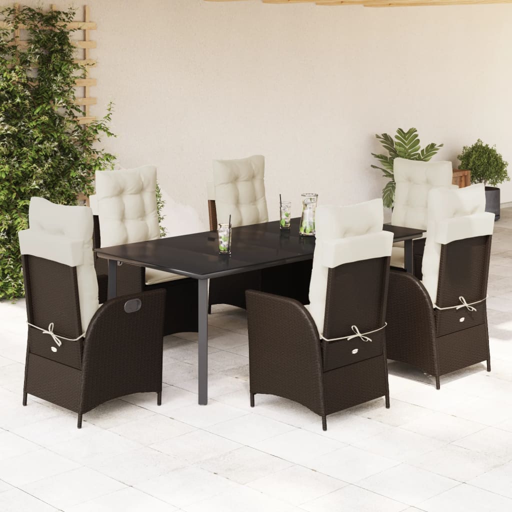 7 Pcs conjunto jantar p/ jardim c/ almofadões vime PE castanho