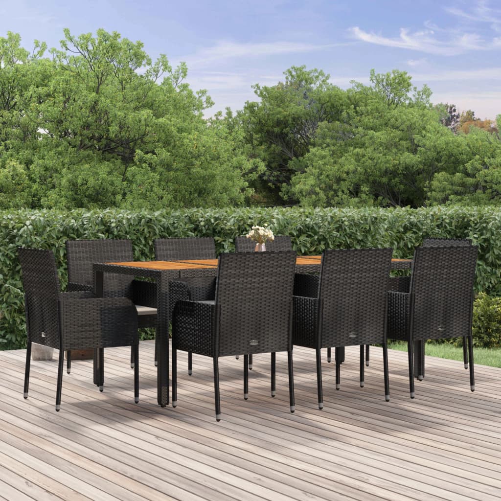 9 Pcs conjunto de jantar p/ jardim c/ almofadões vime PE preto