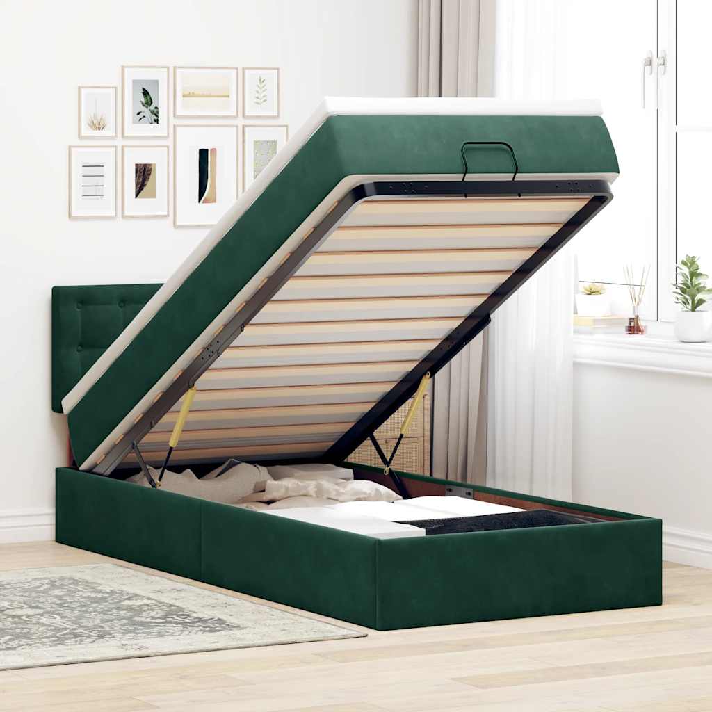 Estrutura de cama otomana com colchão verde escuro veludo
