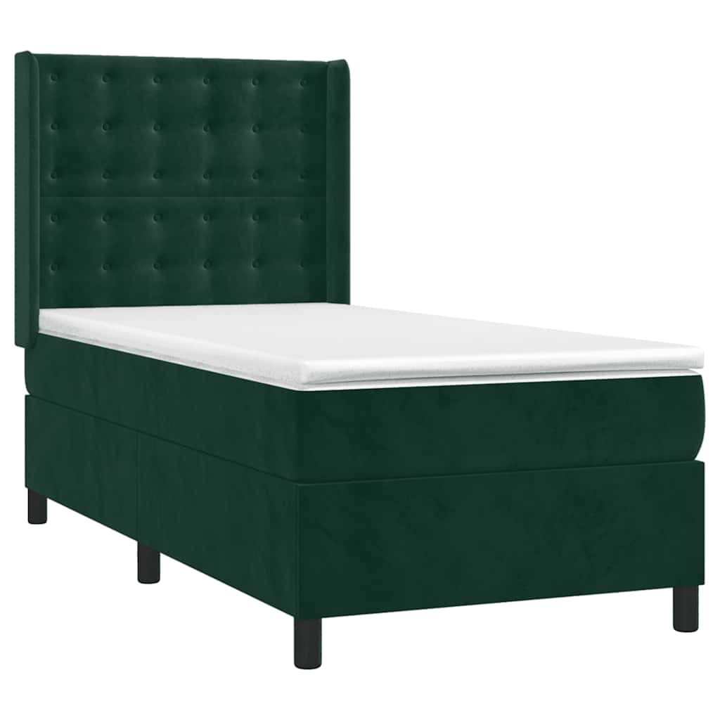 Cama box spring c/ colchão/LED 90x200 cm veludo verde-escuro