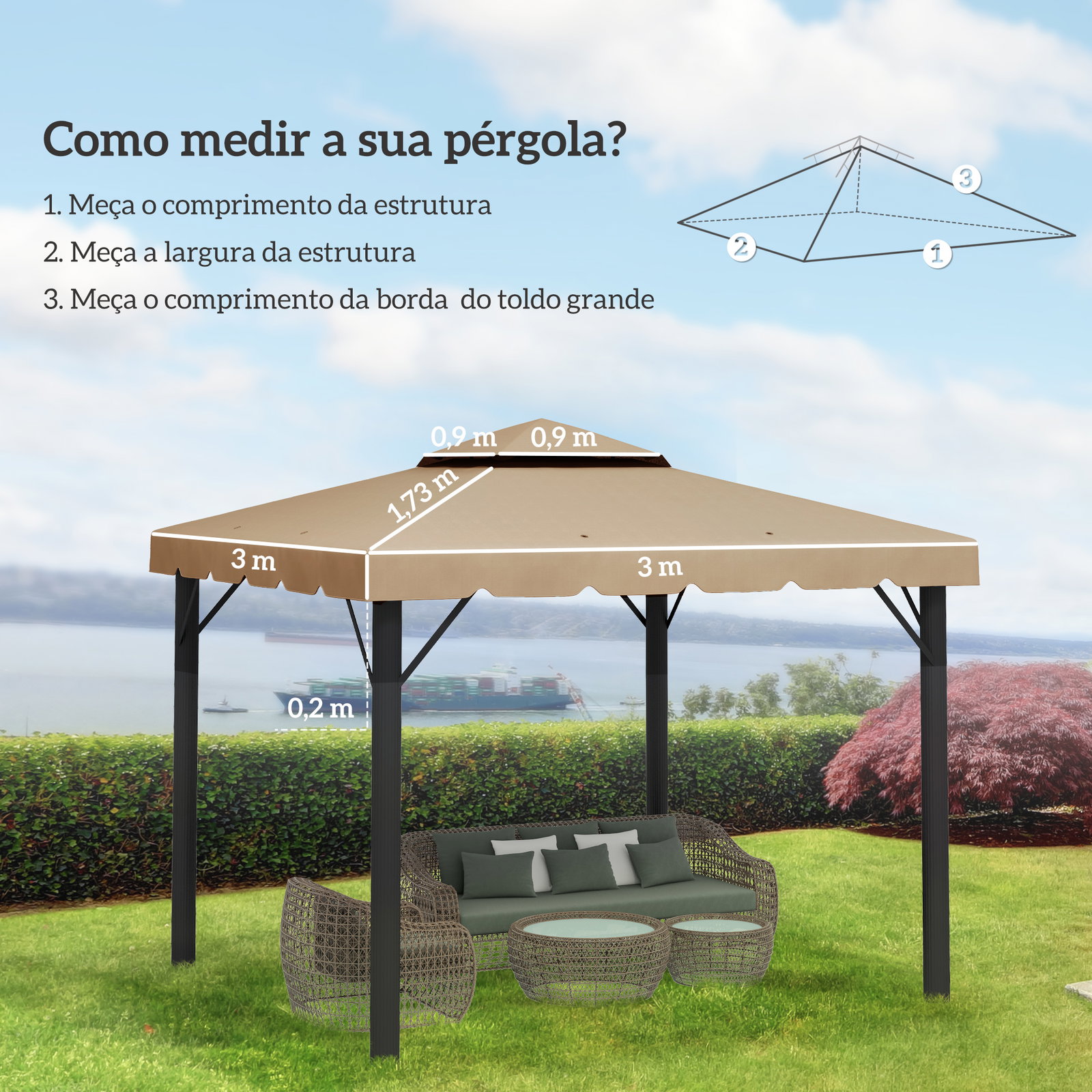 Cobertura de substituição para pérgola 300x300 cm com duplo teto e 8 orifícios de drenagem cáqui