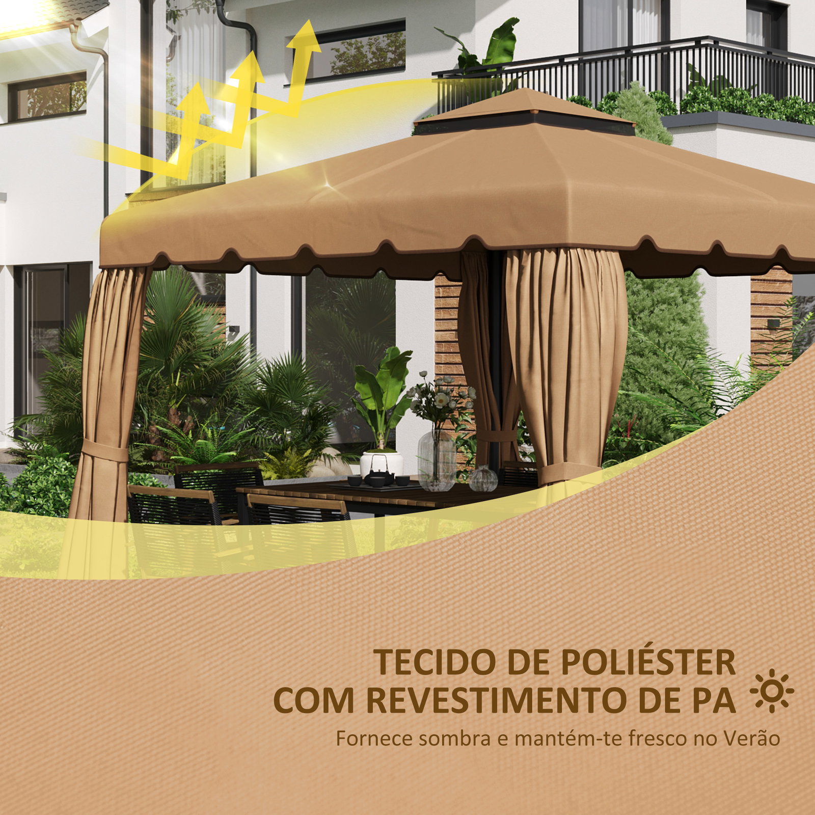 Cobertura de substituição para pérgola 300x300 cm com duplo teto e 8 orifícios de drenagem cáqui