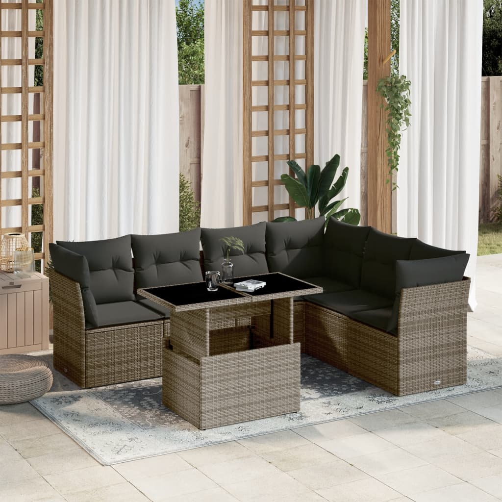 7 Pcs conjunto sofás p/ jardim c/ almofadões vime PE cinzento