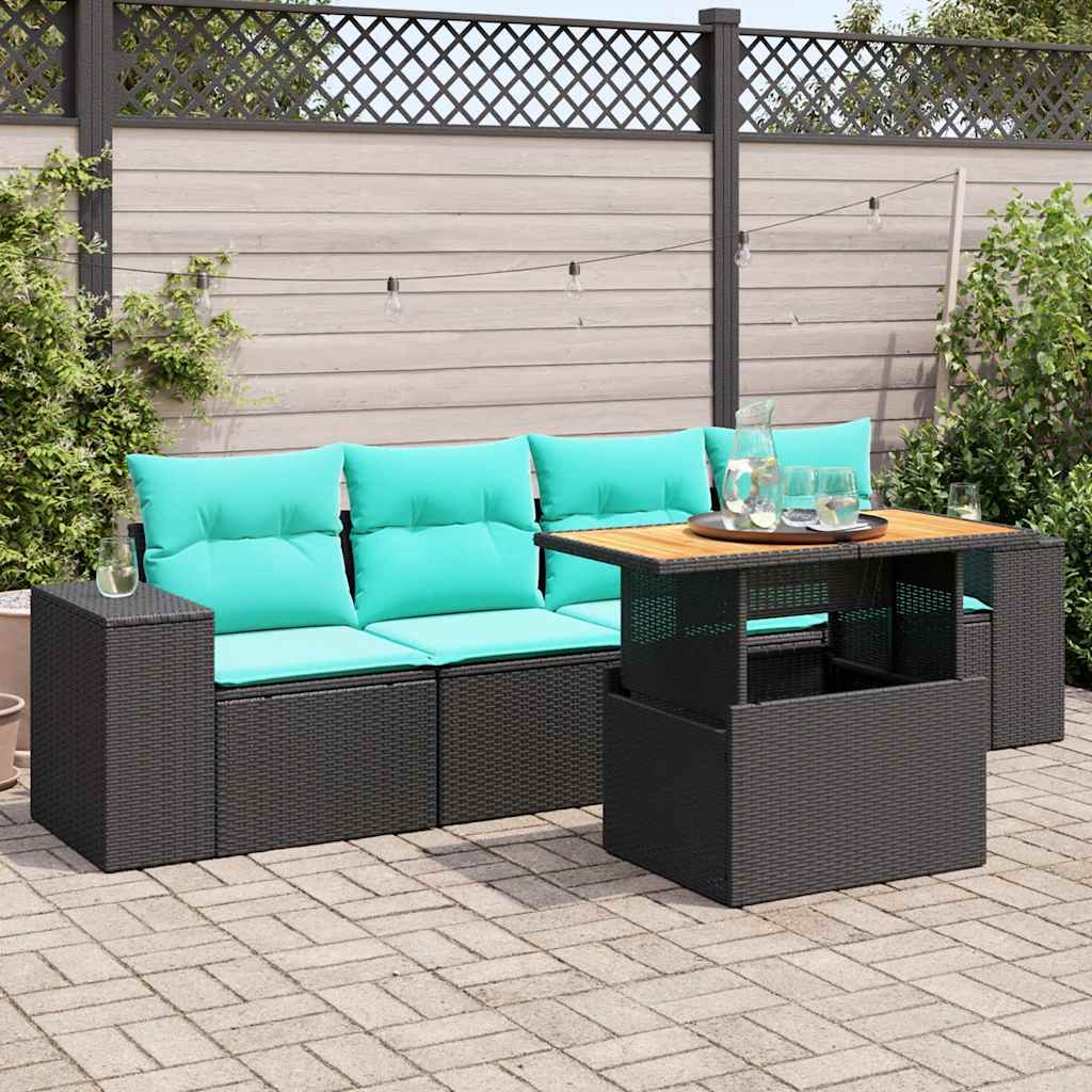 5 Pcs conjunto sofás de jardim com almofadões vime PE preto