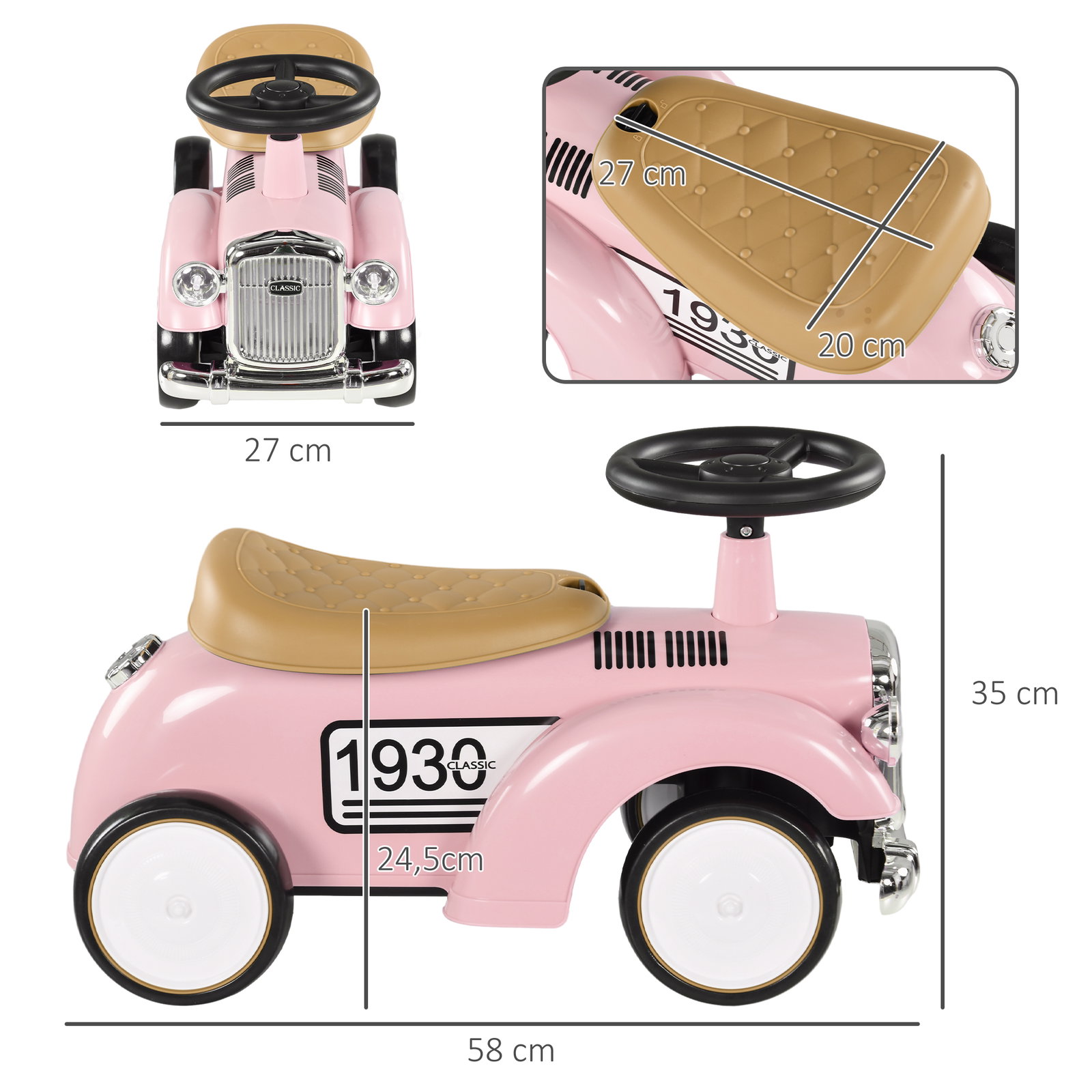 Carro andador para bebé de 12 a 36 meses com buzina compartimento de armazenamento e volante 58x27x35 cm rosa