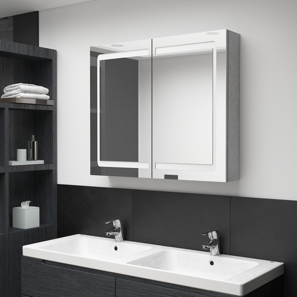 Armário espelhado casa de banho LED 80x12x68cm cinzento cimento
