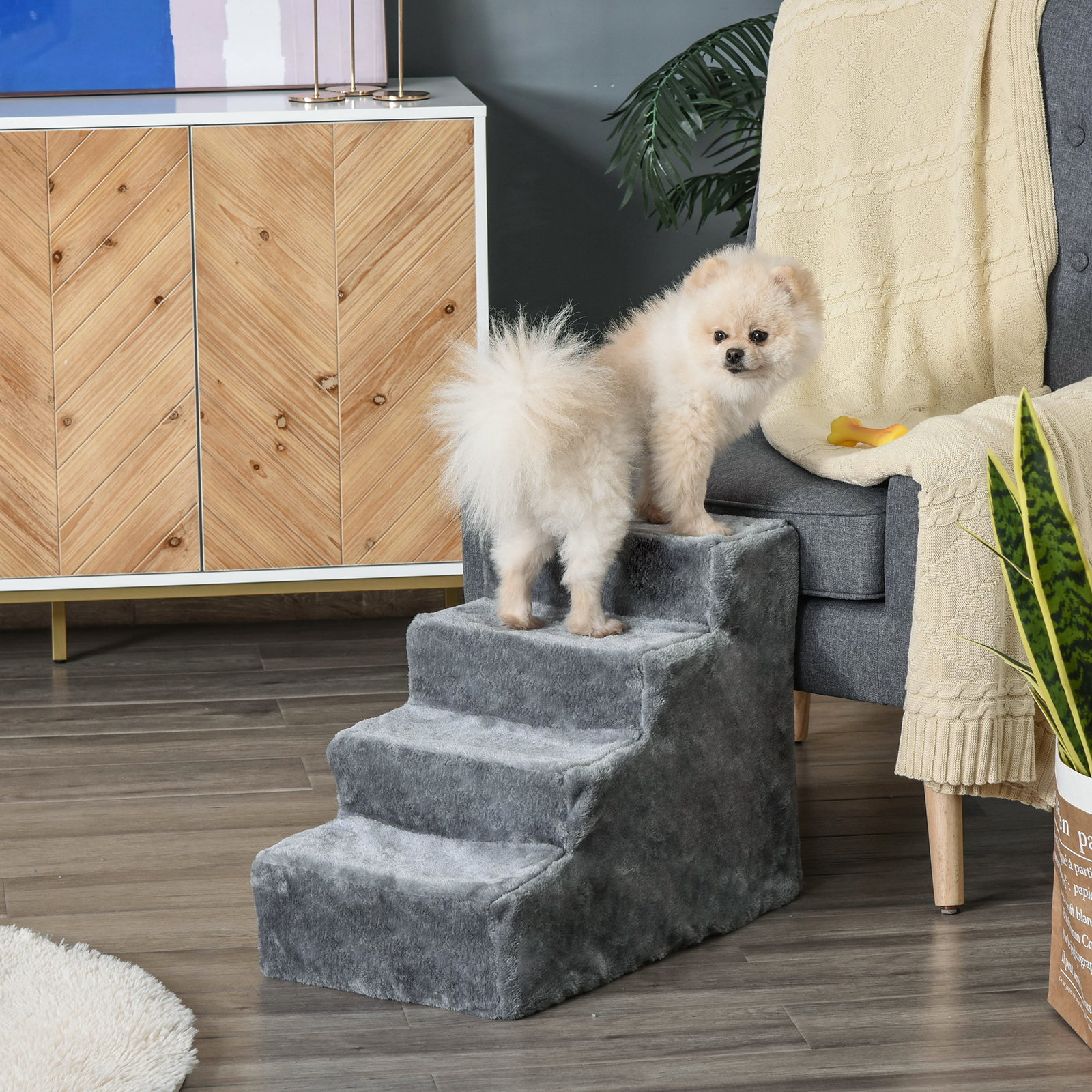 Escada para animais de estimação com 4 degraus 2 em 1 com capa removível e lavável escada para cães gatos carga 30kg 60x35x44cm cinza