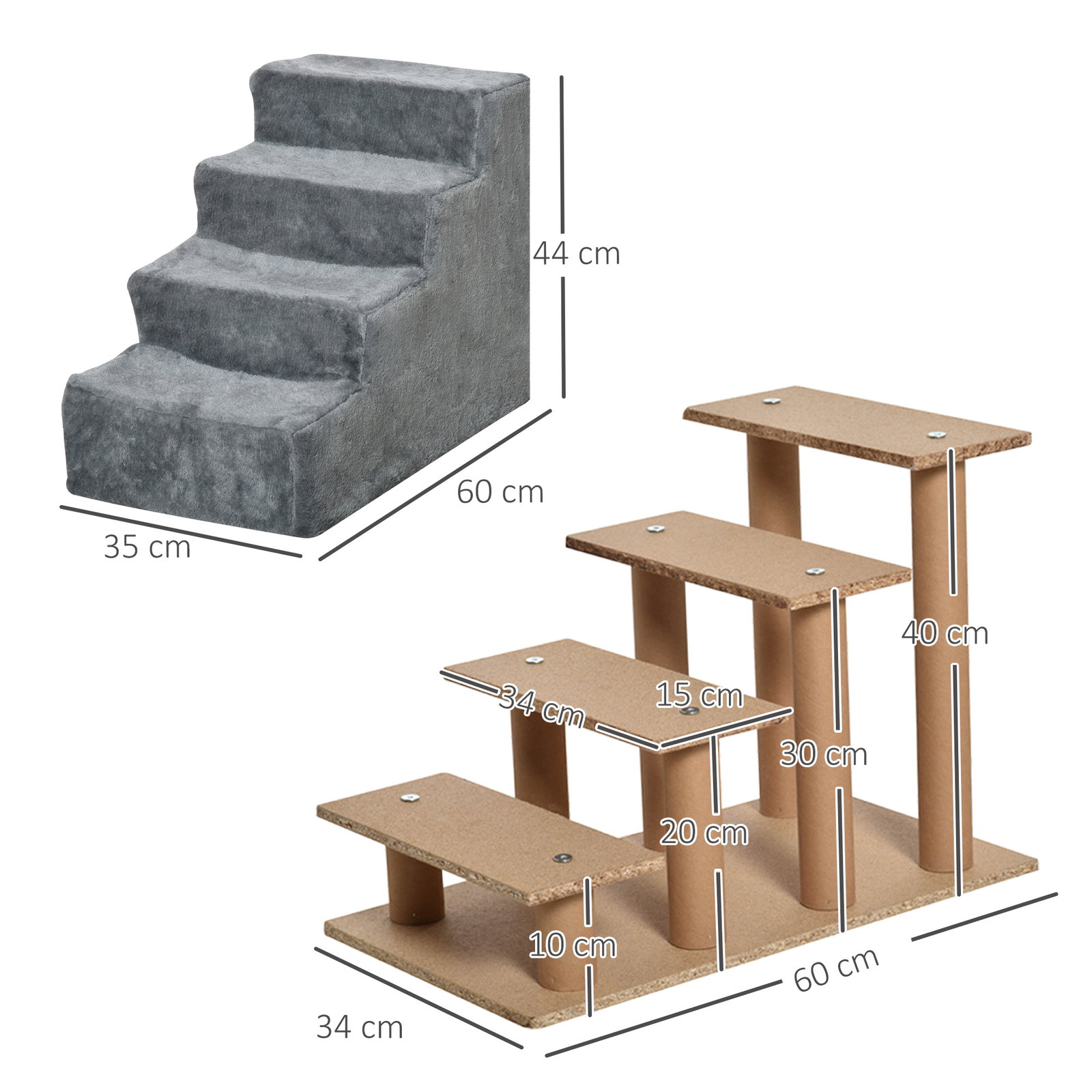 Escada para animais de estimação com 4 degraus 2 em 1 com capa removível e lavável escada para cães gatos carga 30kg 60x35x44cm cinza