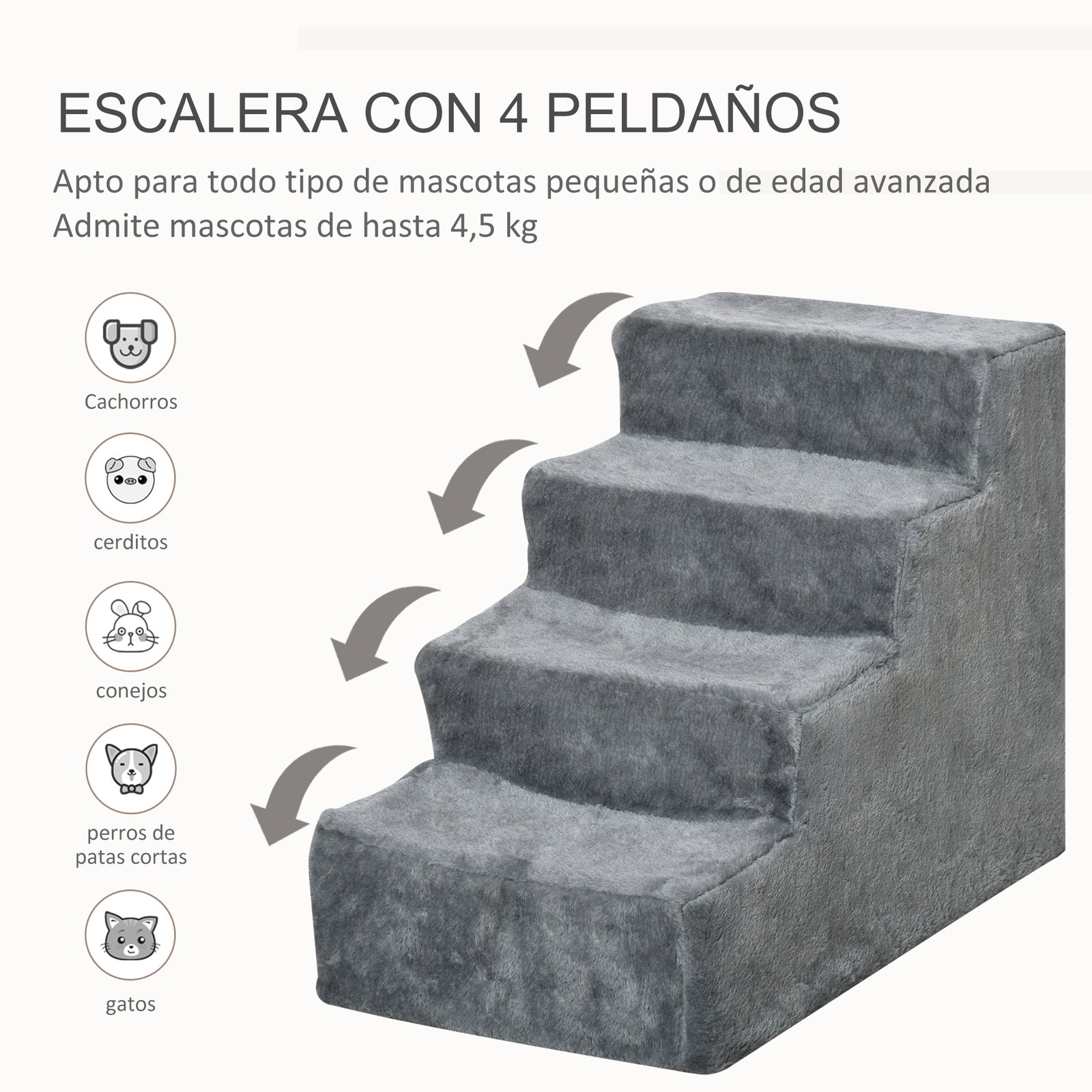 Escada para animais de estimação com 4 degraus 2 em 1 com capa removível e lavável escada para cães gatos carga 30kg 60x35x44cm cinza