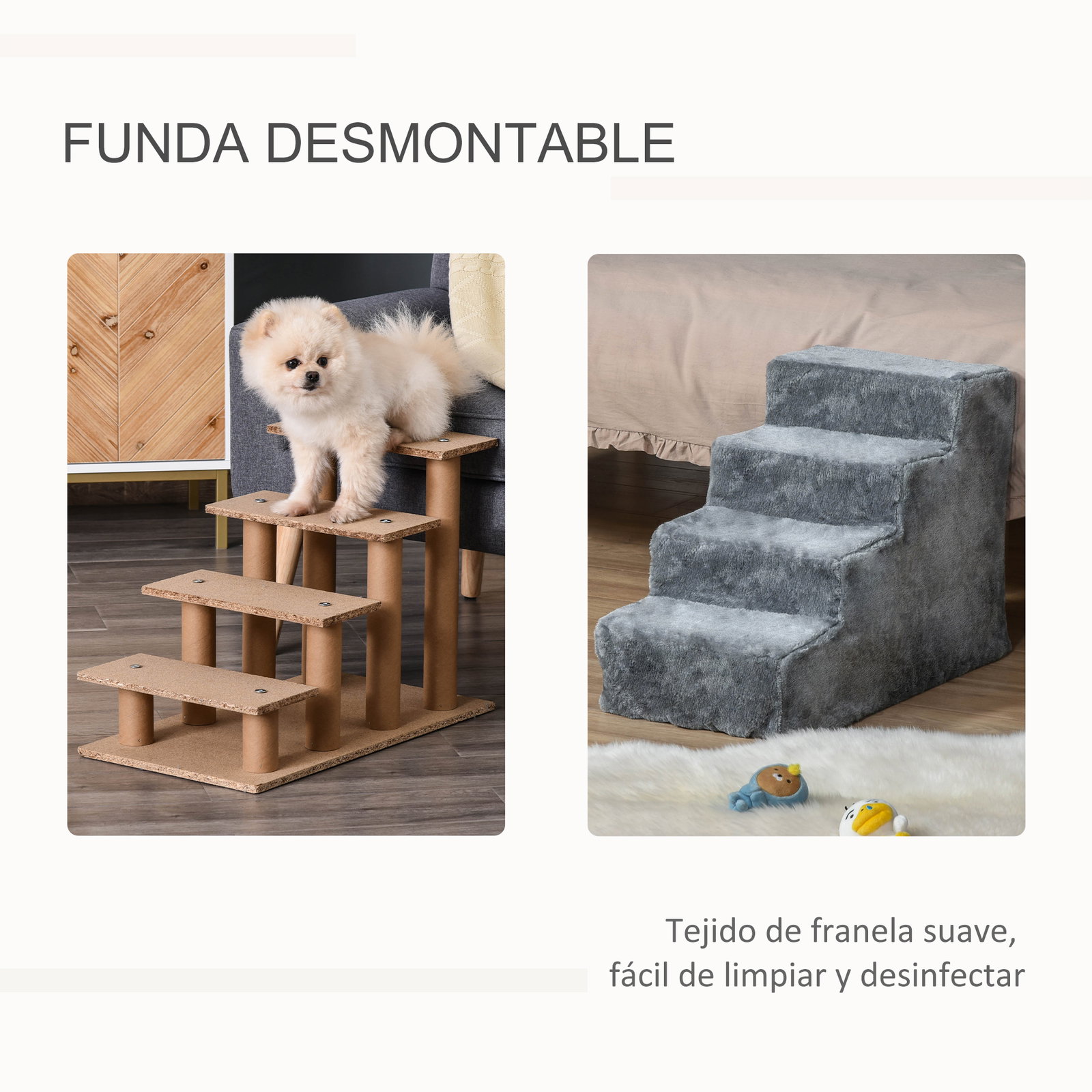 Escada para animais de estimação com 4 degraus 2 em 1 com capa removível e lavável escada para cães gatos carga 30kg 60x35x44cm cinza