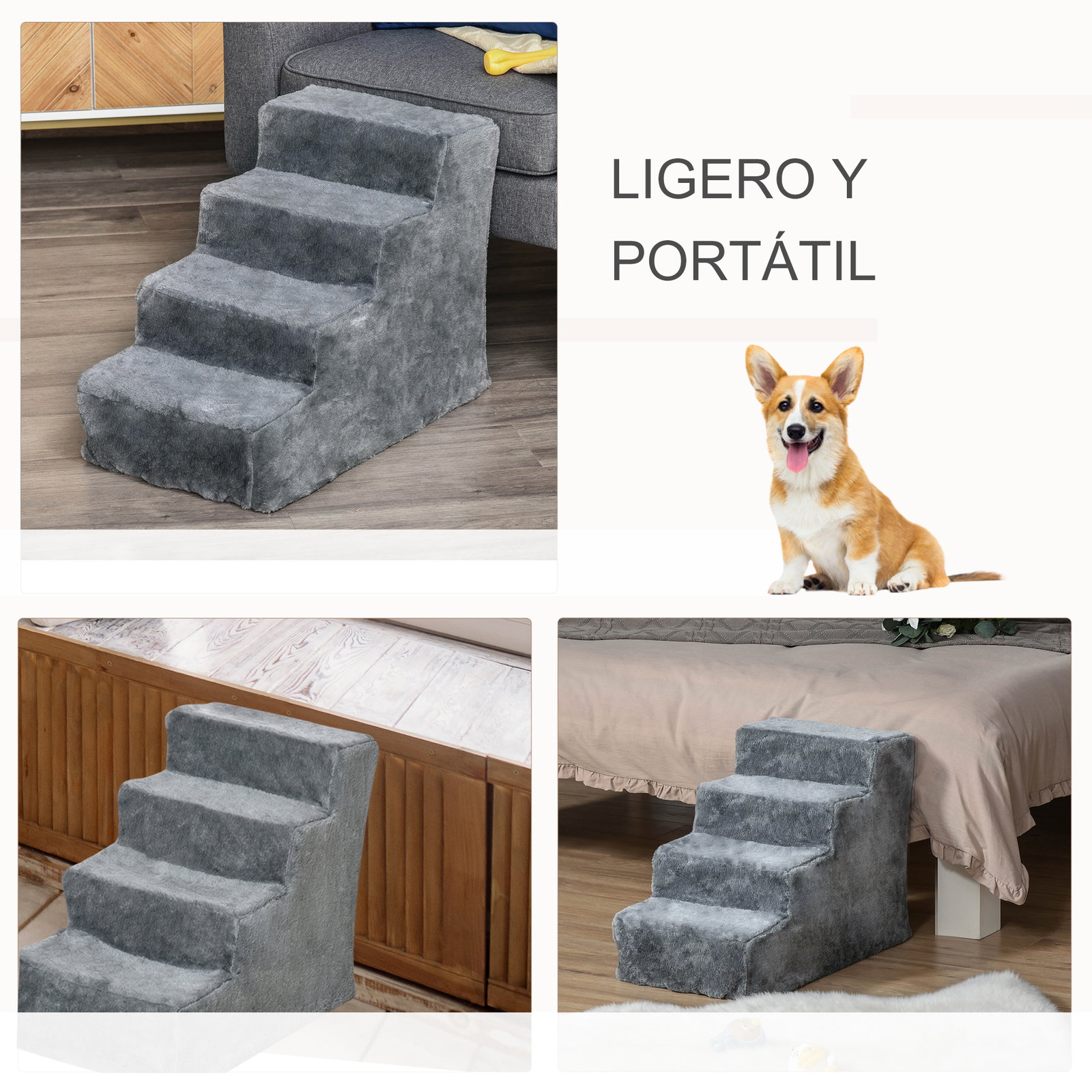 Escada para animais de estimação com 4 degraus 2 em 1 com capa removível e lavável escada para cães gatos carga 30kg 60x35x44cm cinza