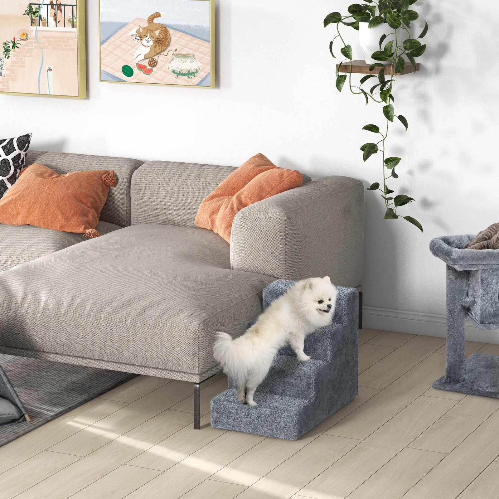 Escada para animais de estimação com 4 degraus 2 em 1 com capa removível e lavável escada para cães gatos carga 30kg 60x35x44cm cinza