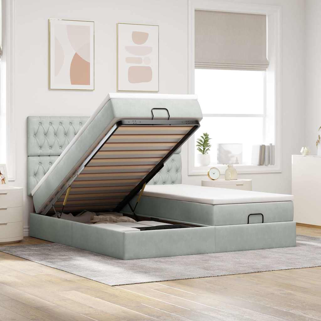 Estrutura cama otomana colchões 200x200cm veludo cinzento claro