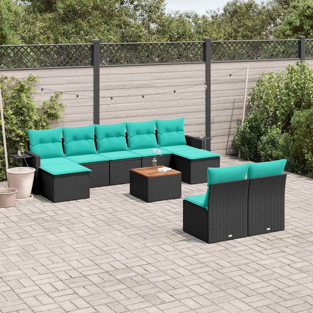 Conjunto de sofá de jardim com 10 peças e almofadas em rattan sintético preto