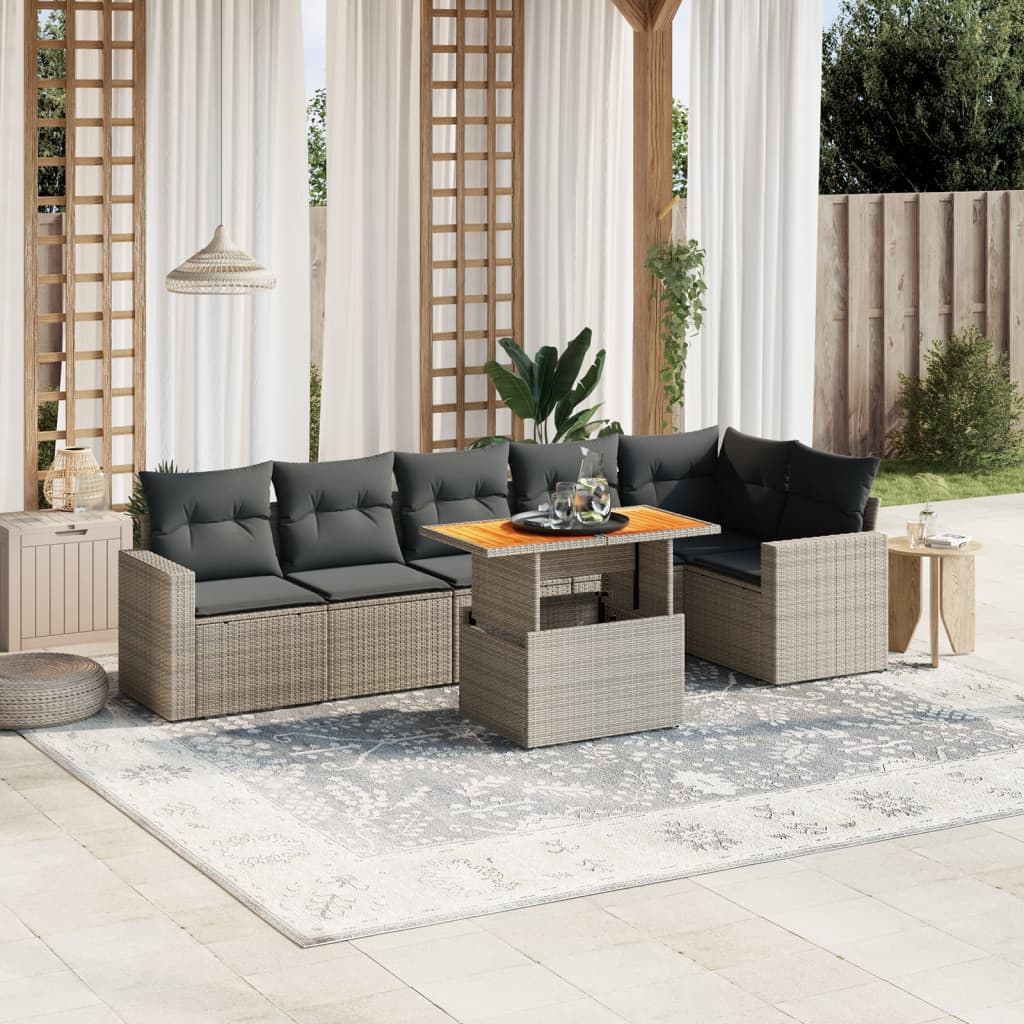 7 Pcs conjunto sofás p/ jardim c/ almofadões vime PE cinzento