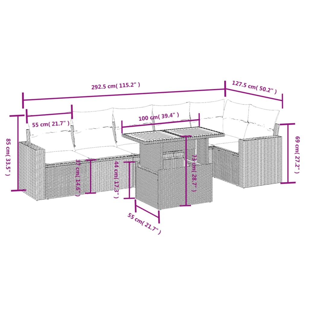 7 Pcs conjunto sofás p/ jardim c/ almofadões vime PE cinzento