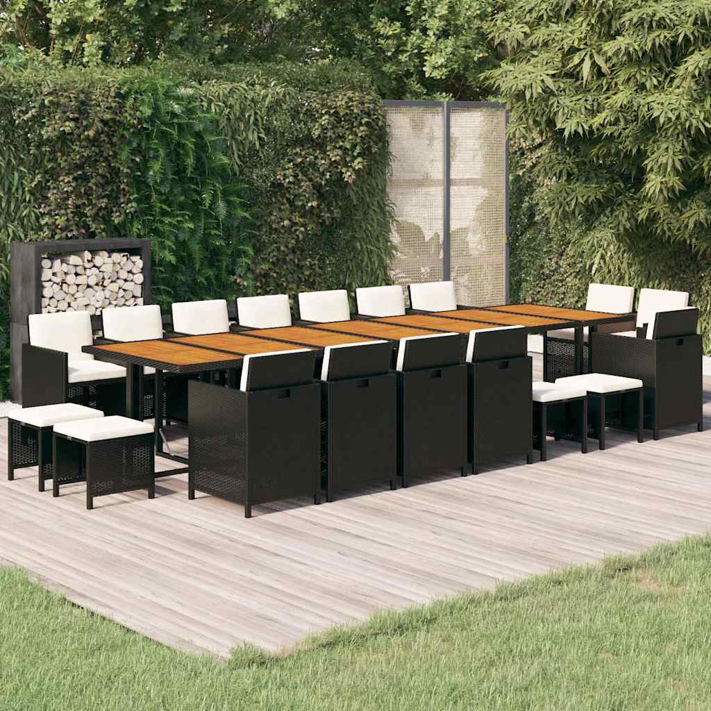19 Pcs conjunto jantar p/ jardim c/ almofadões vime PE preto