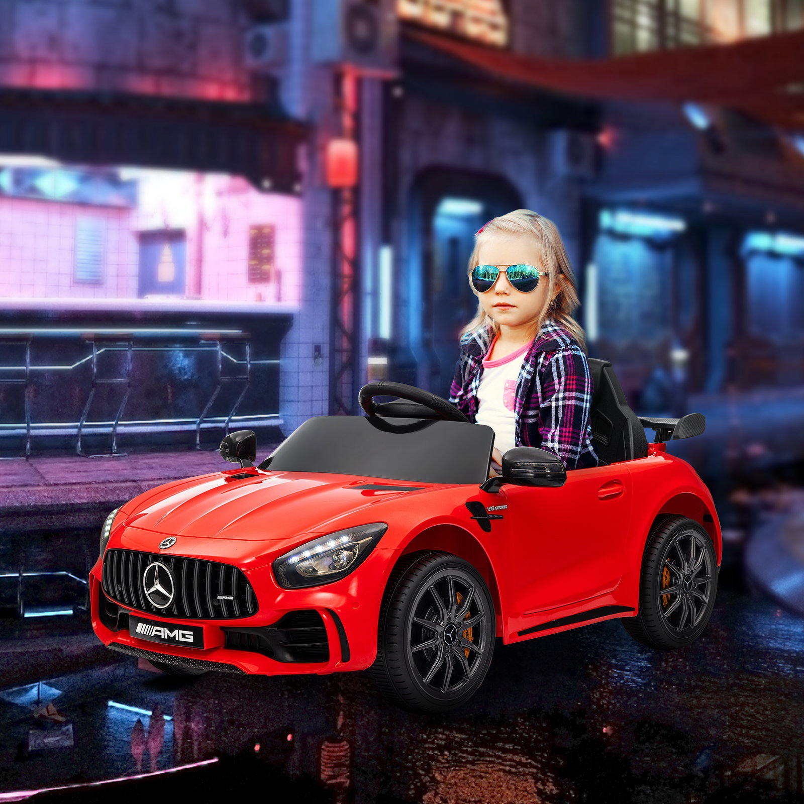 Carro elétrico para crianças carro mercedes-benz amg gtr com bateria 12v faróis buzina e música 108x67x46 cm vermelho