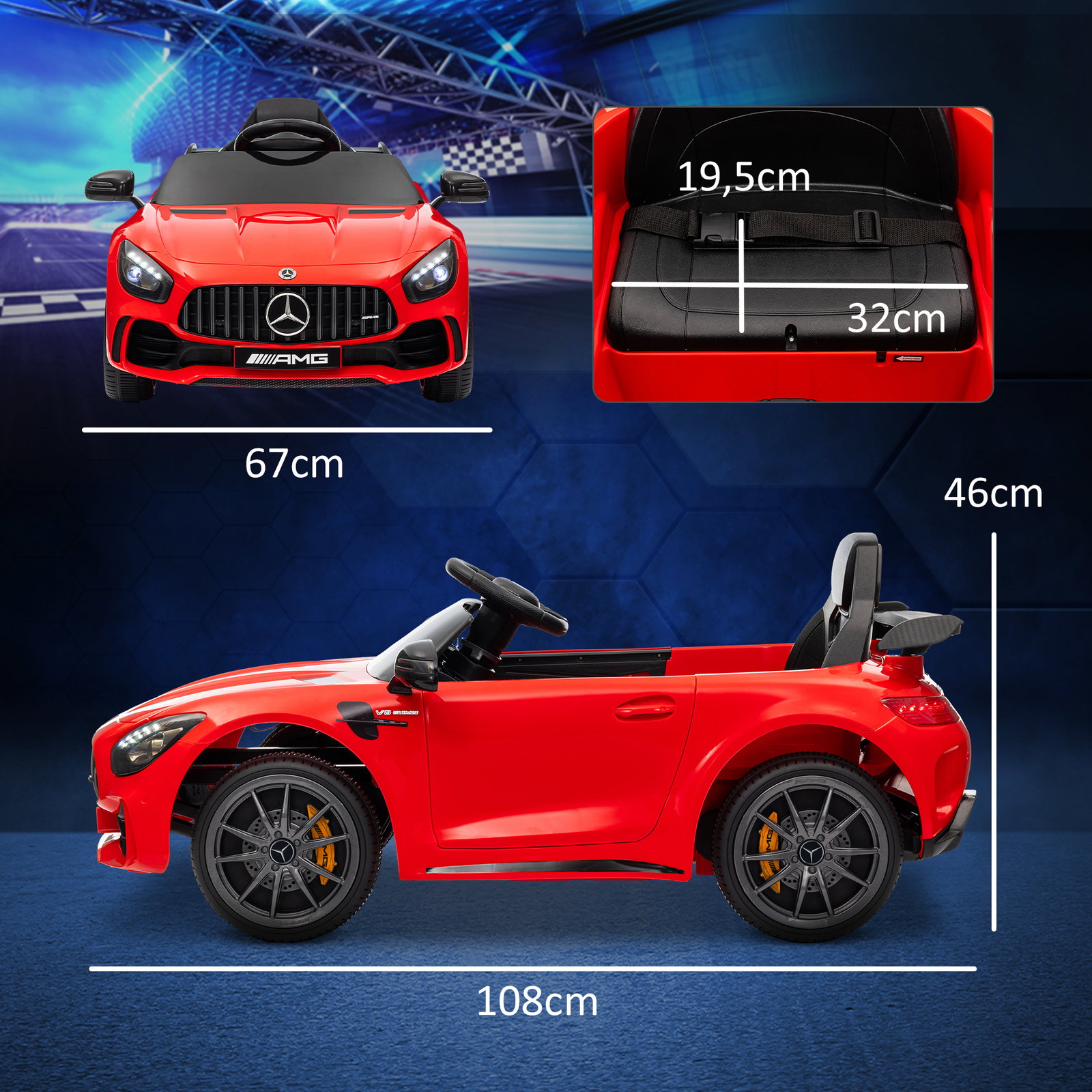 Carro elétrico para crianças carro mercedes-benz amg gtr com bateria 12v faróis buzina e música 108x67x46 cm vermelho