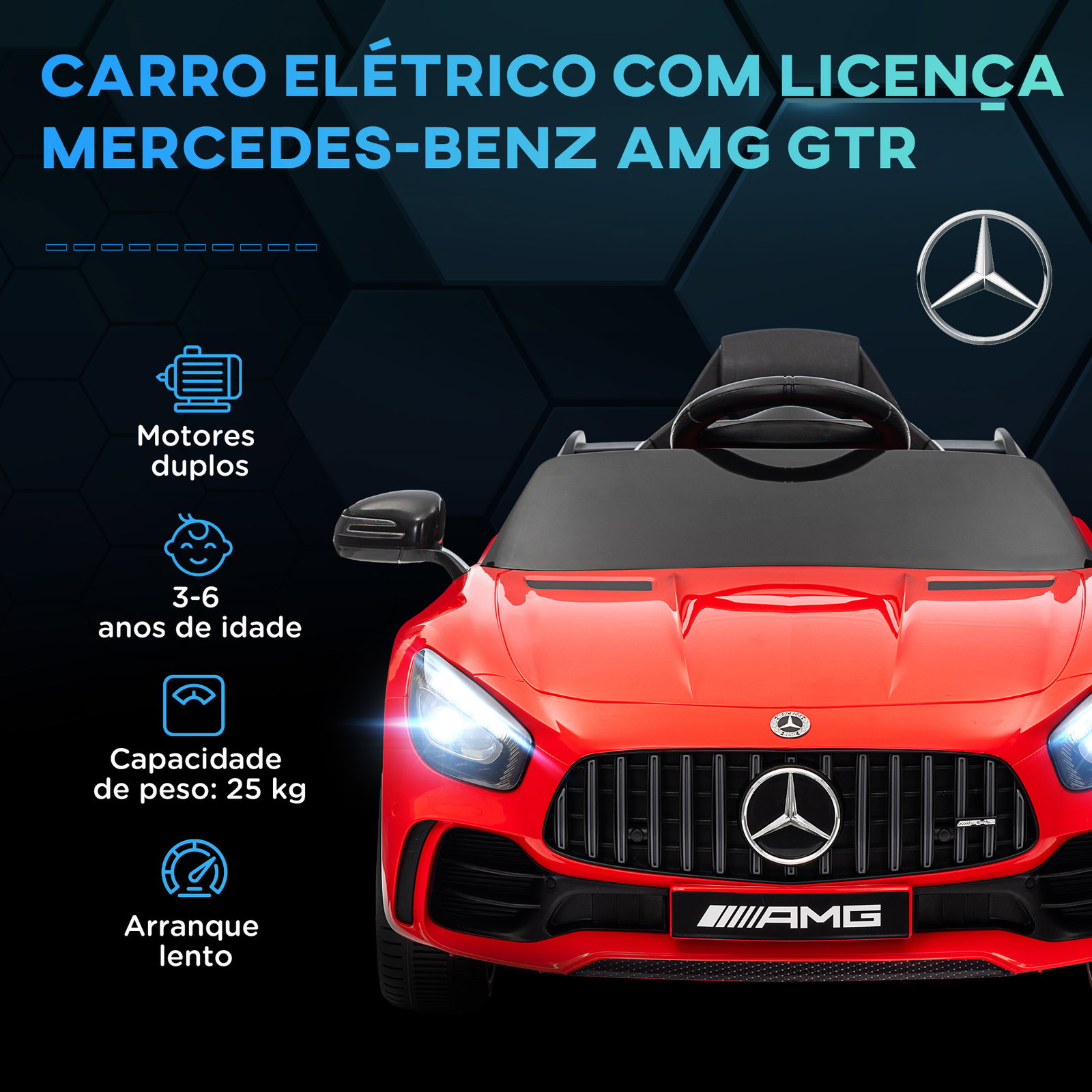 Carro elétrico para crianças carro mercedes-benz amg gtr com bateria 12v faróis buzina e música 108x67x46 cm vermelho