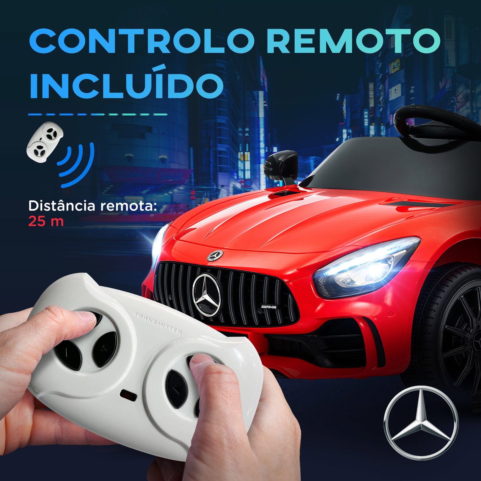 Carro elétrico para crianças carro mercedes-benz amg gtr com bateria 12v faróis buzina e música 108x67x46 cm vermelho