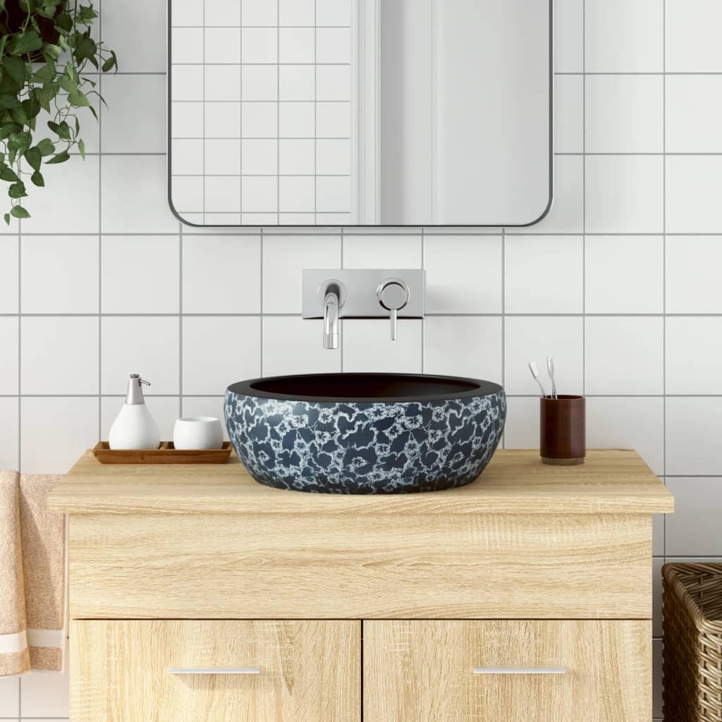 Lavatório de bancada redondo φ41x14 cm cerâmica preto e azul