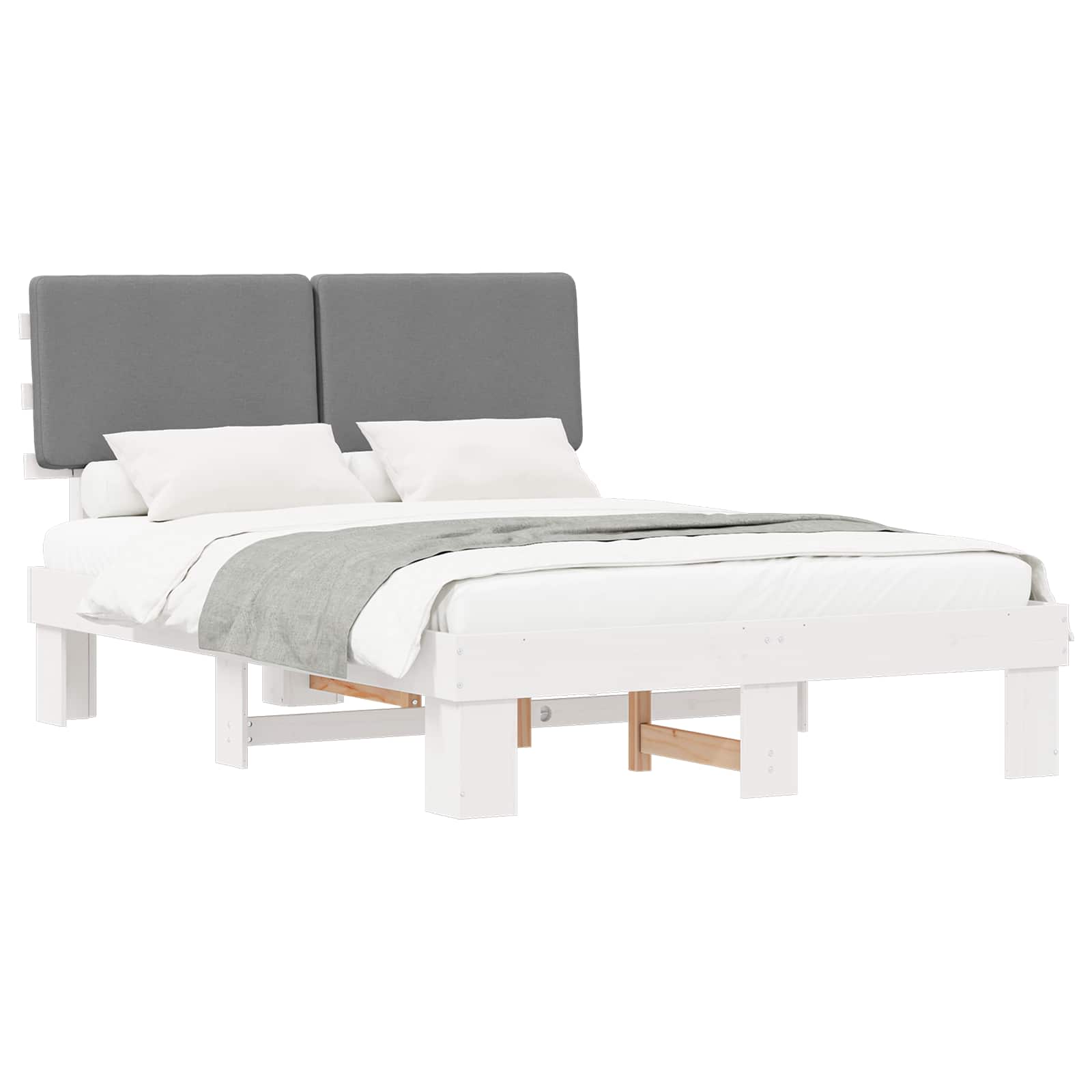 Estrutura de cama com cabeceira estofada cinzento-claro