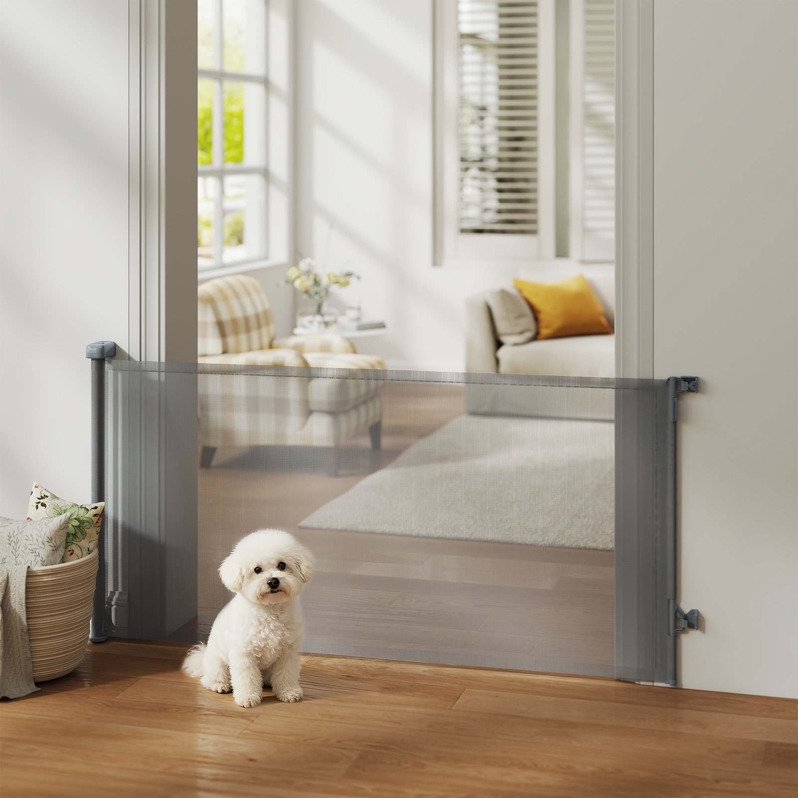 Barreira de segurança para cães retrátil extensível até 180 cm de largura para escadas e portas cinzento
