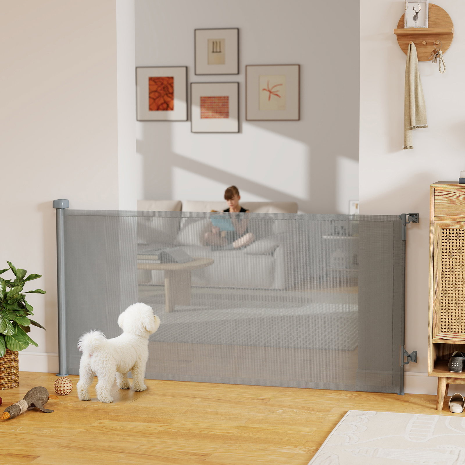 Barreira de segurança para cães retrátil extensível até 180 cm de largura para escadas e portas cinzento