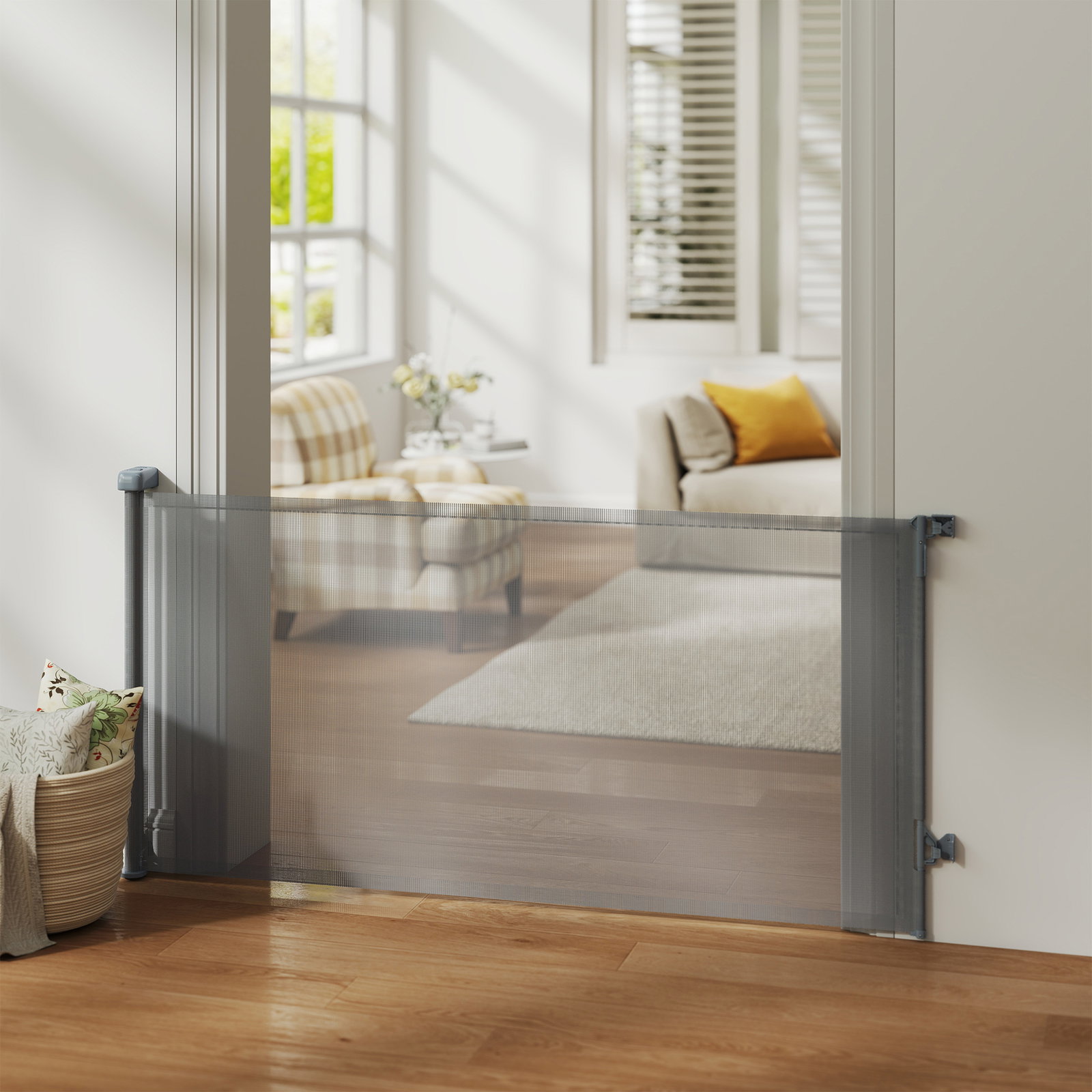 Barreira de segurança para cães retrátil extensível até 180 cm de largura para escadas e portas cinzento