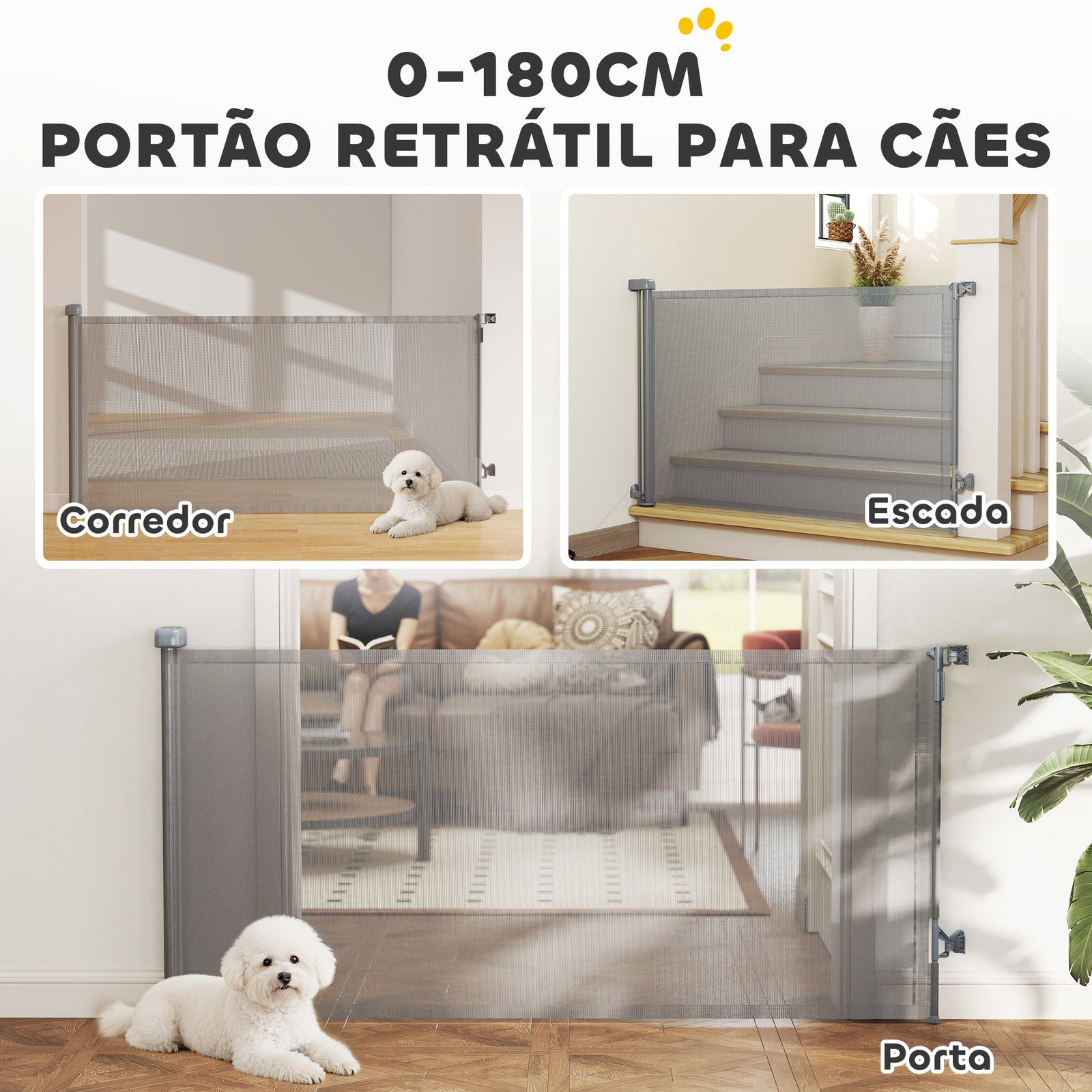 Barreira de segurança para cães retrátil extensível até 180 cm de largura para escadas e portas cinzento