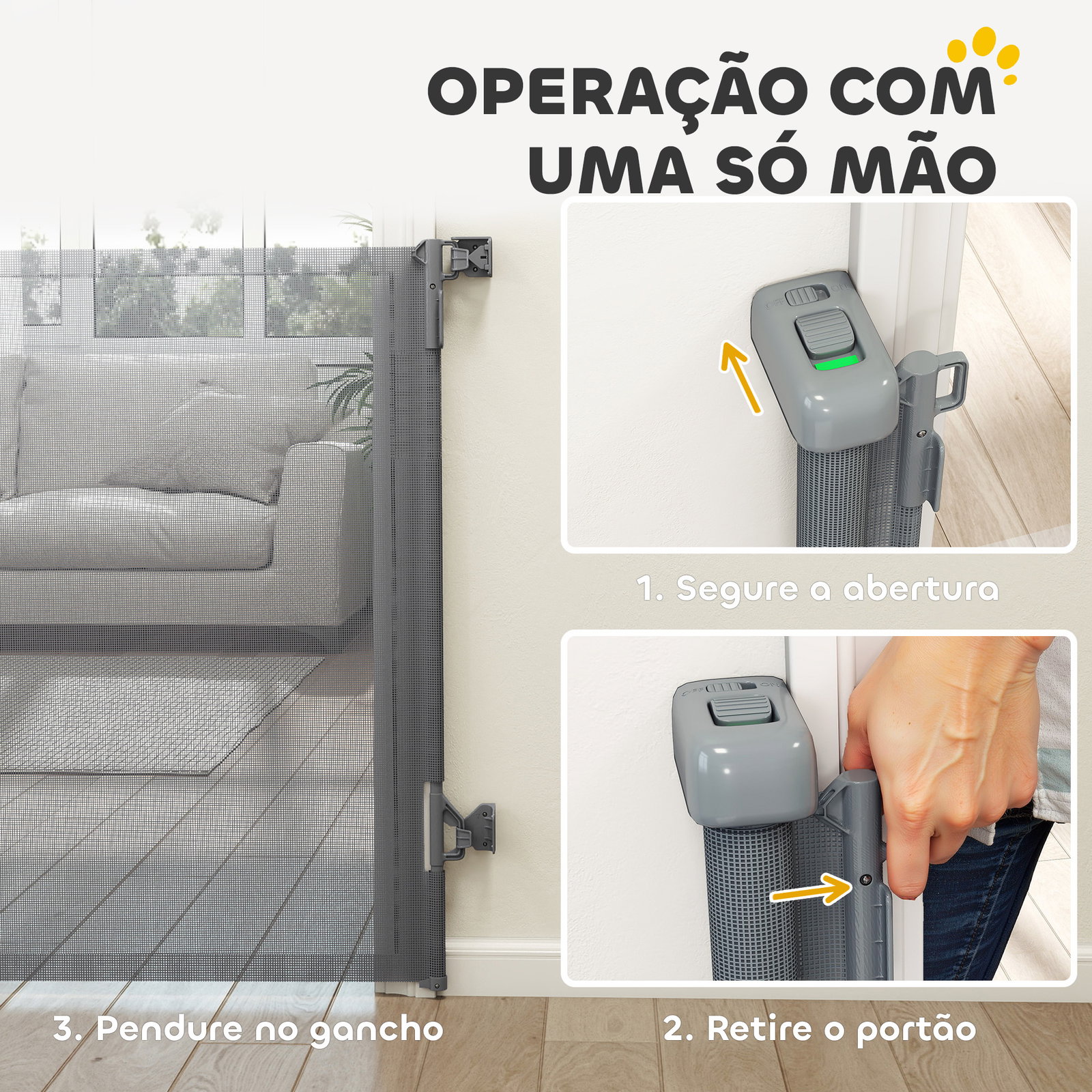 Barreira de segurança para cães retrátil extensível até 180 cm de largura para escadas e portas cinzento