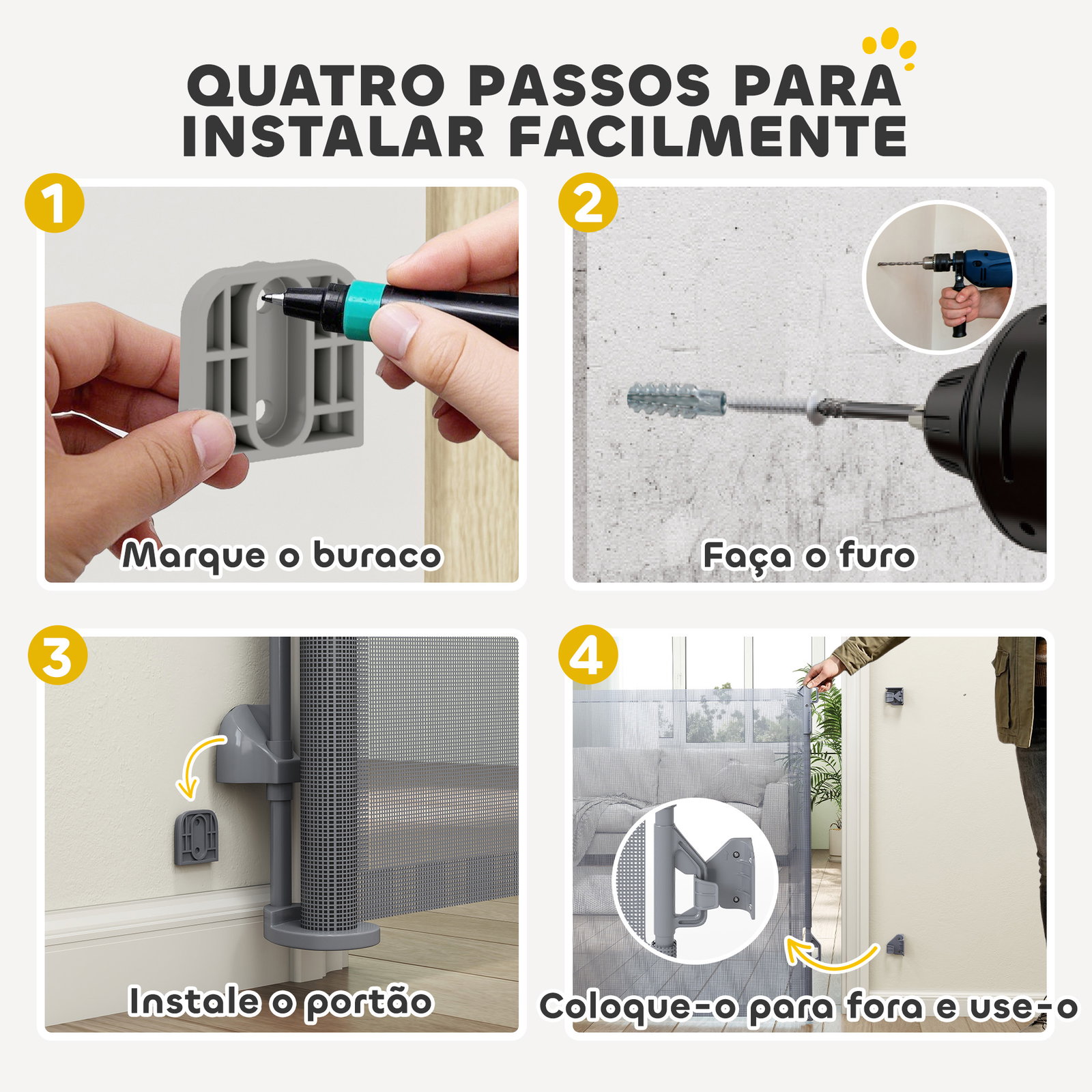 Barreira de segurança para cães retrátil extensível até 180 cm de largura para escadas e portas cinzento