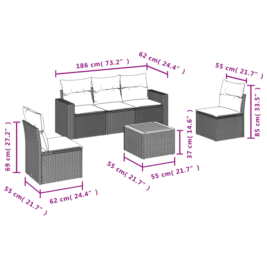 6 Pcs conjunto de sofás p/ jardim com almofadões vime PE bege
