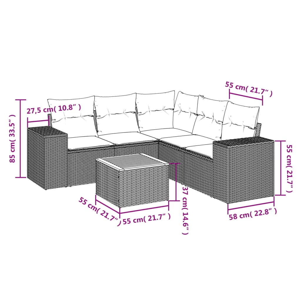 6 Pcs conjunto sofás de jardim c/ almofadões vime PE preto