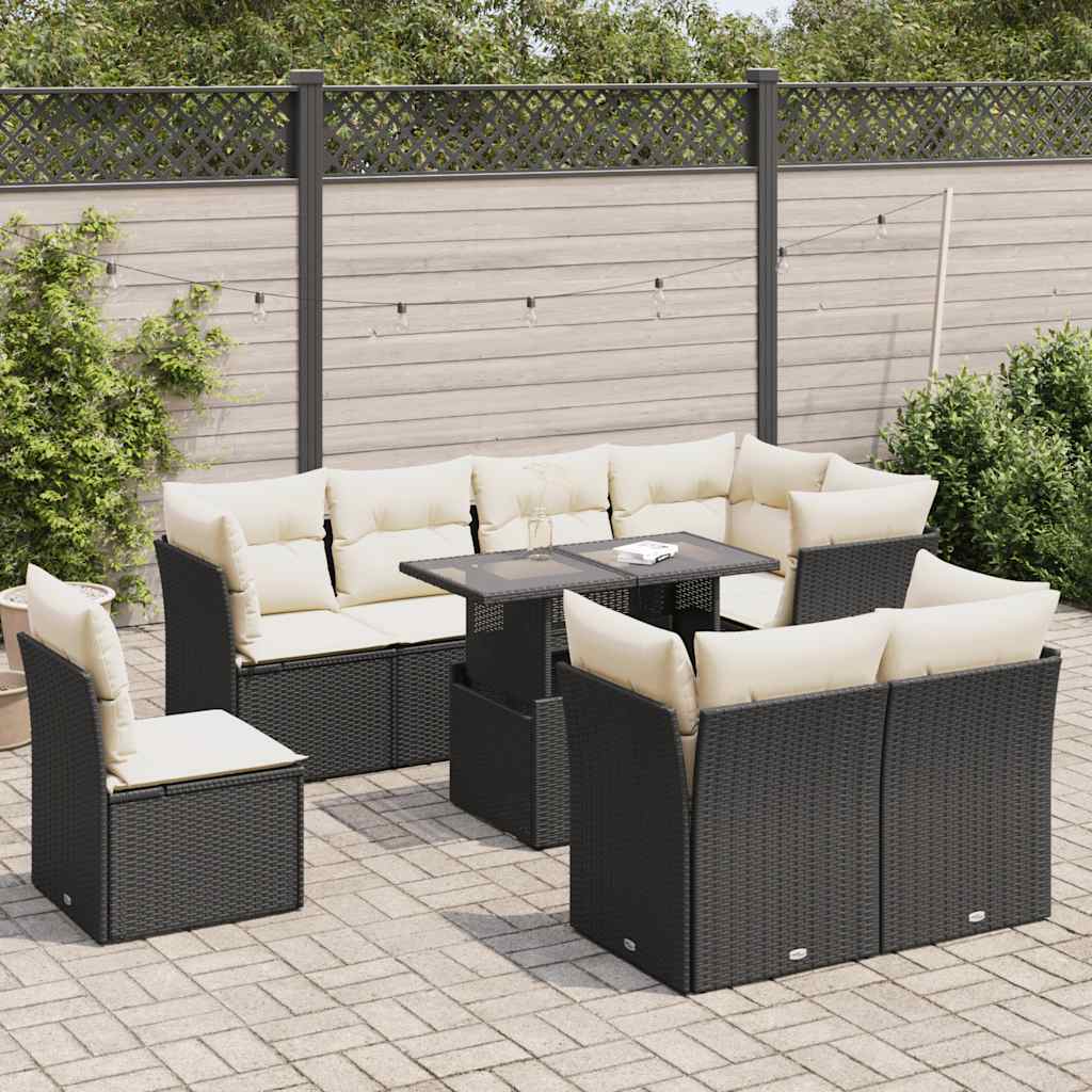 9 Pcs conjunto de sofás p/ jardim c/ almofadões vime PE preto