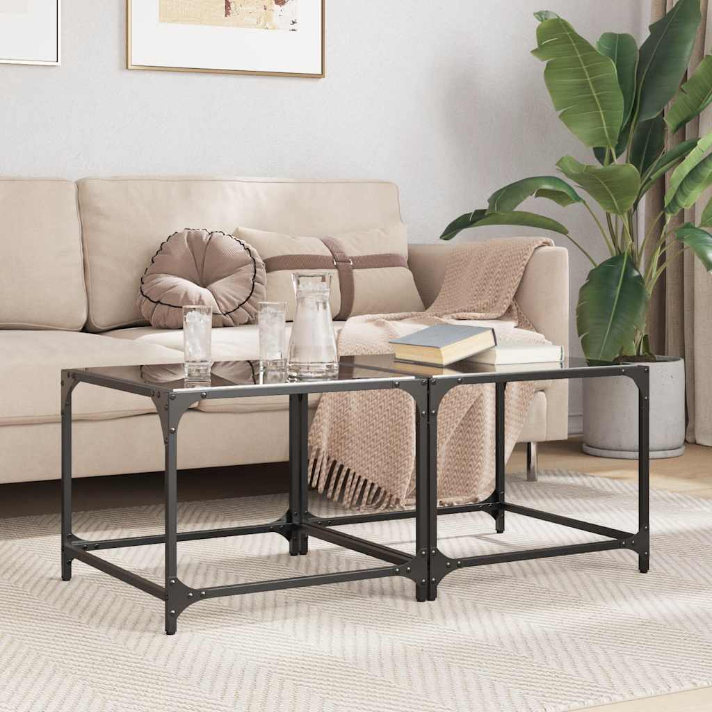 Mesas de centro c/ topo em vidro preto 2 pcs 50x50x40 cm aço